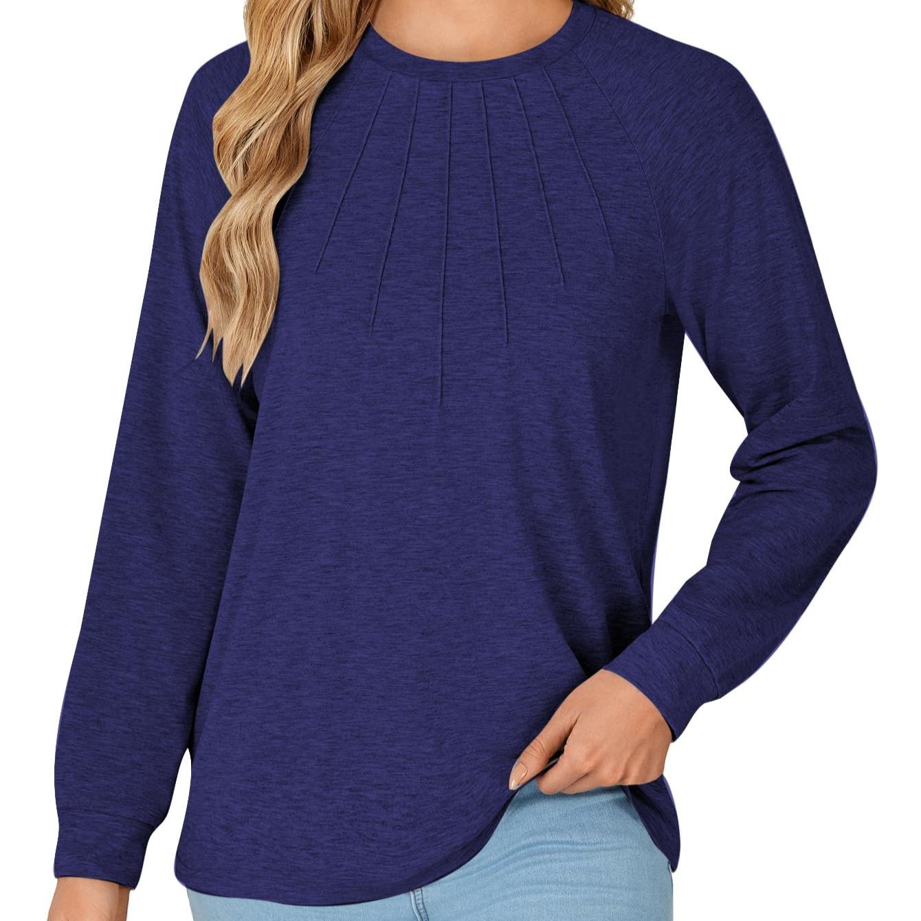 LYANER Women's Fashion Long Sleeve Shirt Round Neck Pleated T-Shirt Summer Fashion Women's Clothing