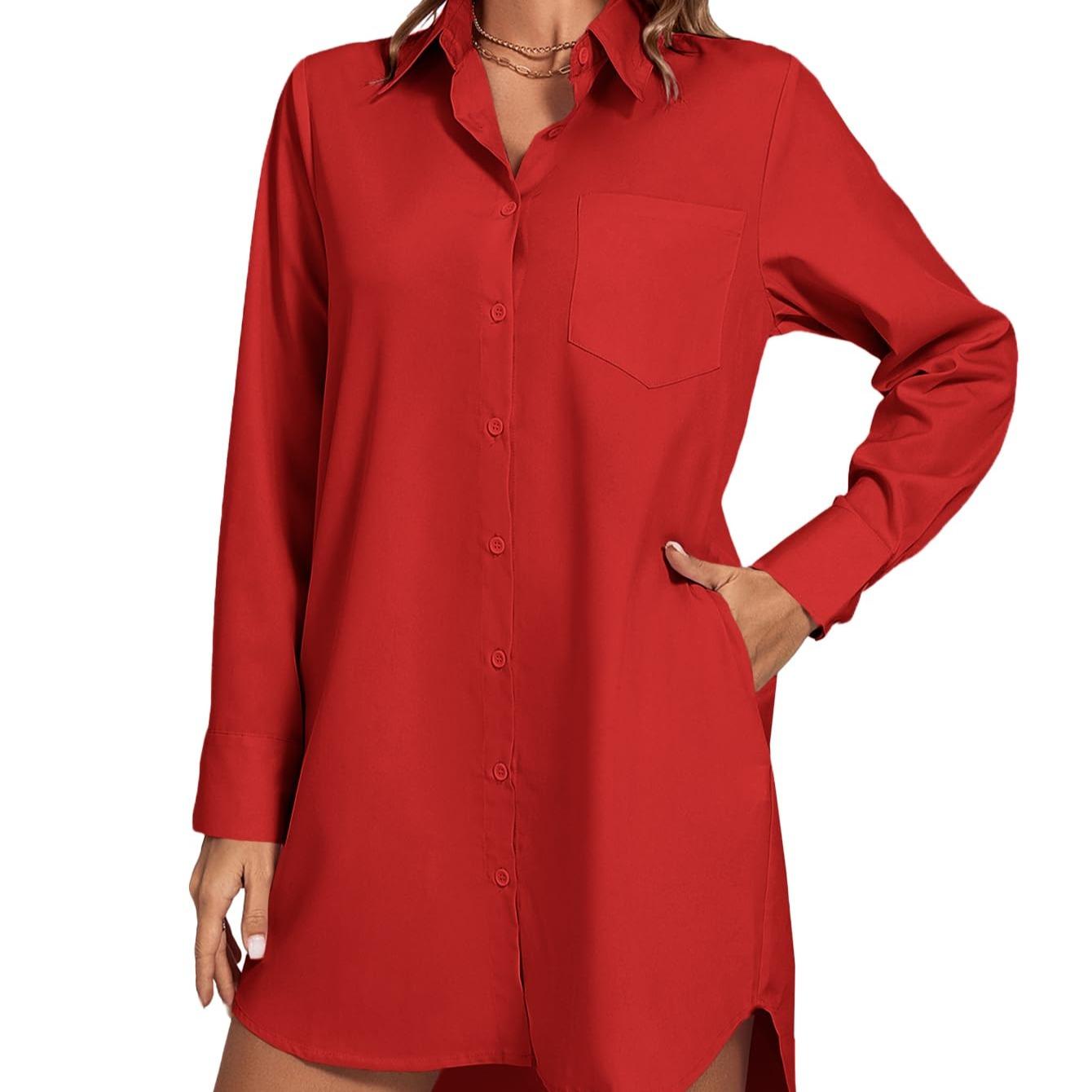 LYANER Women's Fashion Stand-up Collar V-neck Button-up Long-sleeved Curved Hem Shirt Dress  Sexy Form-fitting Summer Clothing with Pockets  Pure