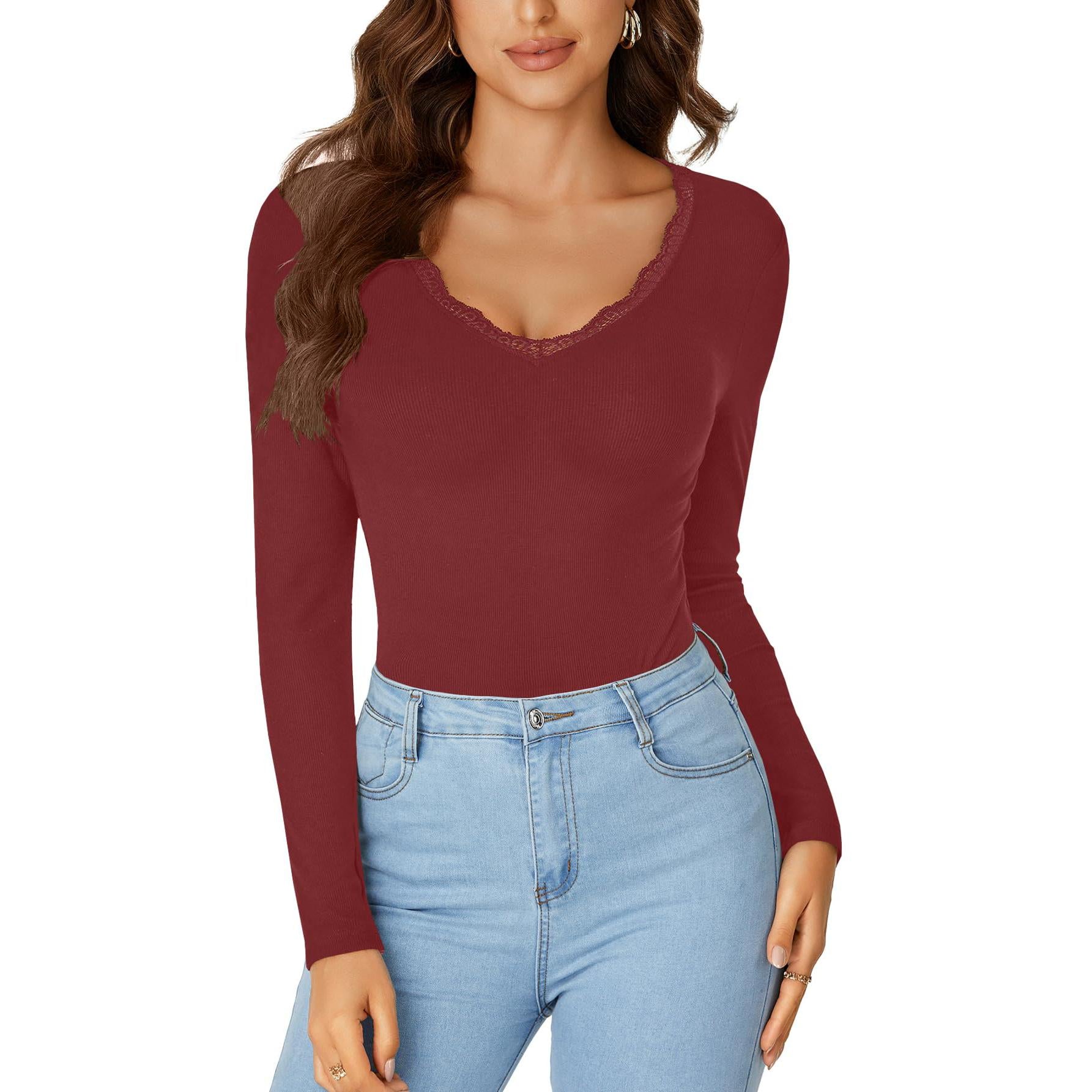 LYANER Women's Long-Sleeved Shirt Fashionable Lace V-Neck Basic Casual Ribbed Knit Top Fashionable and Cute Clothing