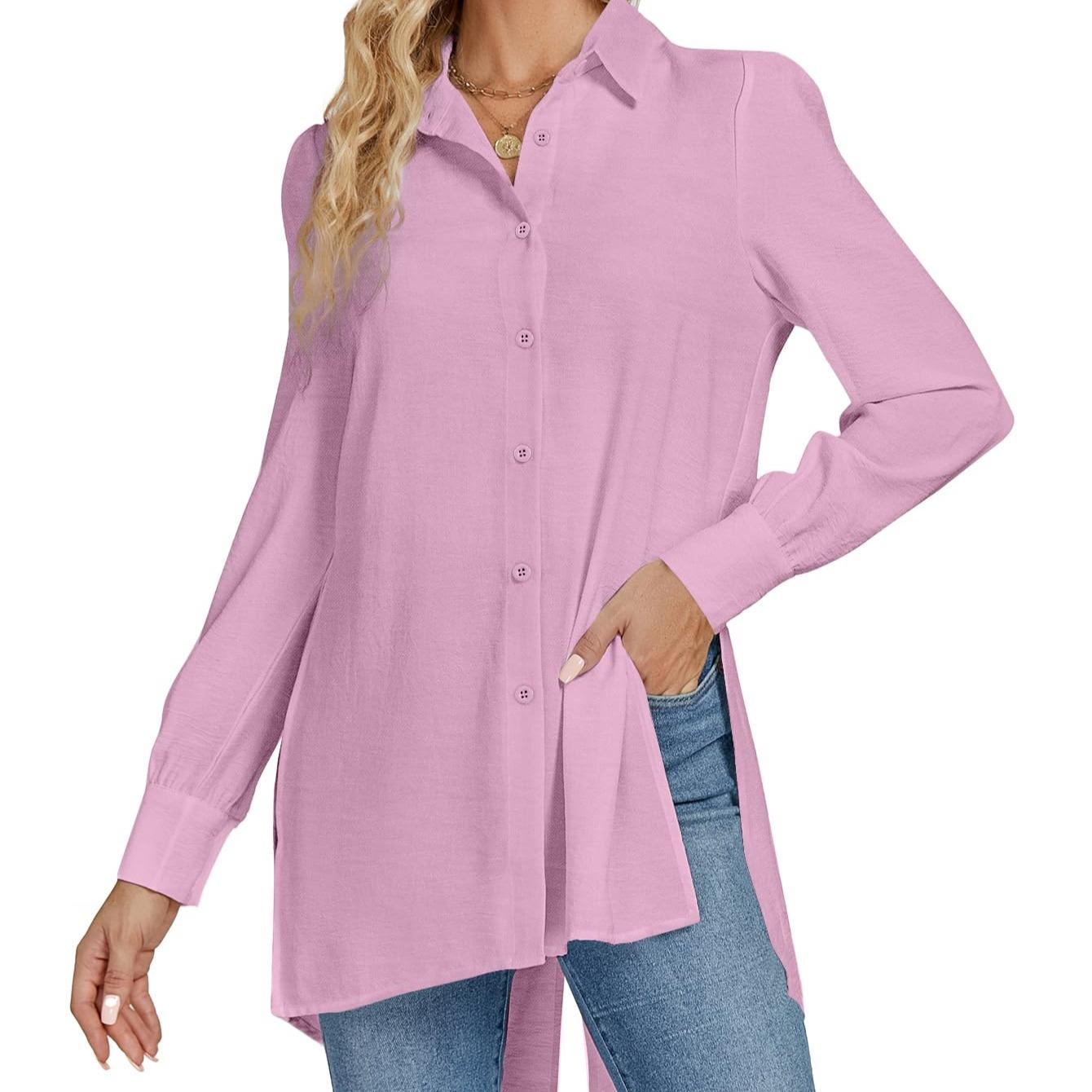 LYANER Women's V-neck Fashion Slit Hem Button-up Long-sleeved Shirt White Dress Top  Fashionable and Elegant Style