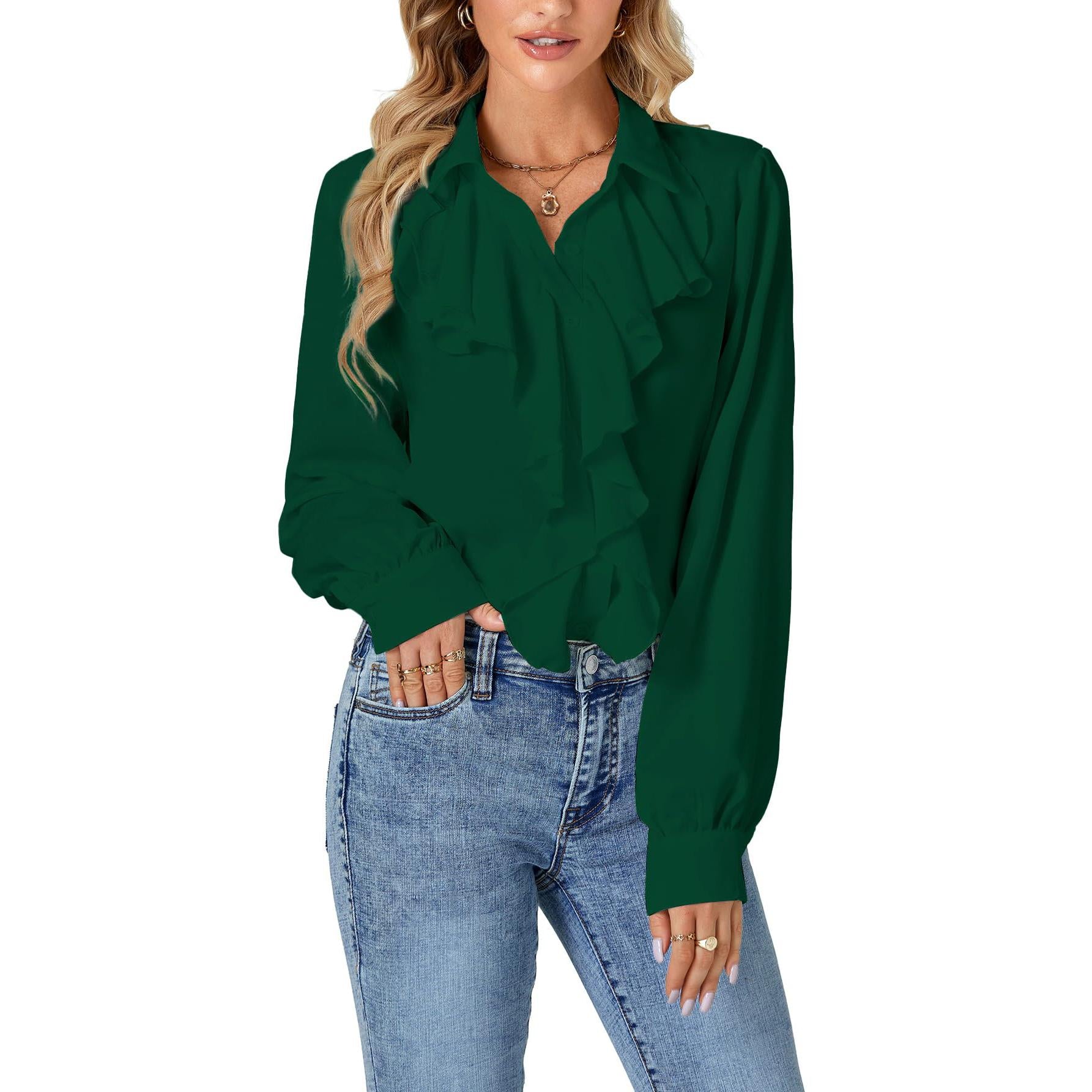 LYANER Women's Dressy Ruffle Blouse Long Sleeve Collar Neck Button Down Victorian Shirt Tops