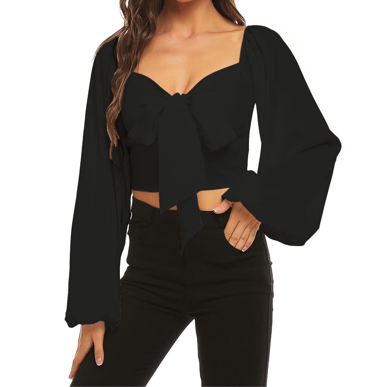 LYANER Women's Tie-Front Pleated Back Lantern Sleeve Short-Sleeve Shirt T-Shirt Summer Fashion
