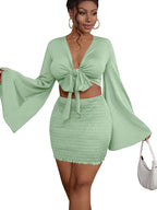 LYANER Women's Two-Piece Set with Tie-Front Slit Long-Sleeved Cropped Top and Mini Skirt Set in Light Green Girly Style Clothing