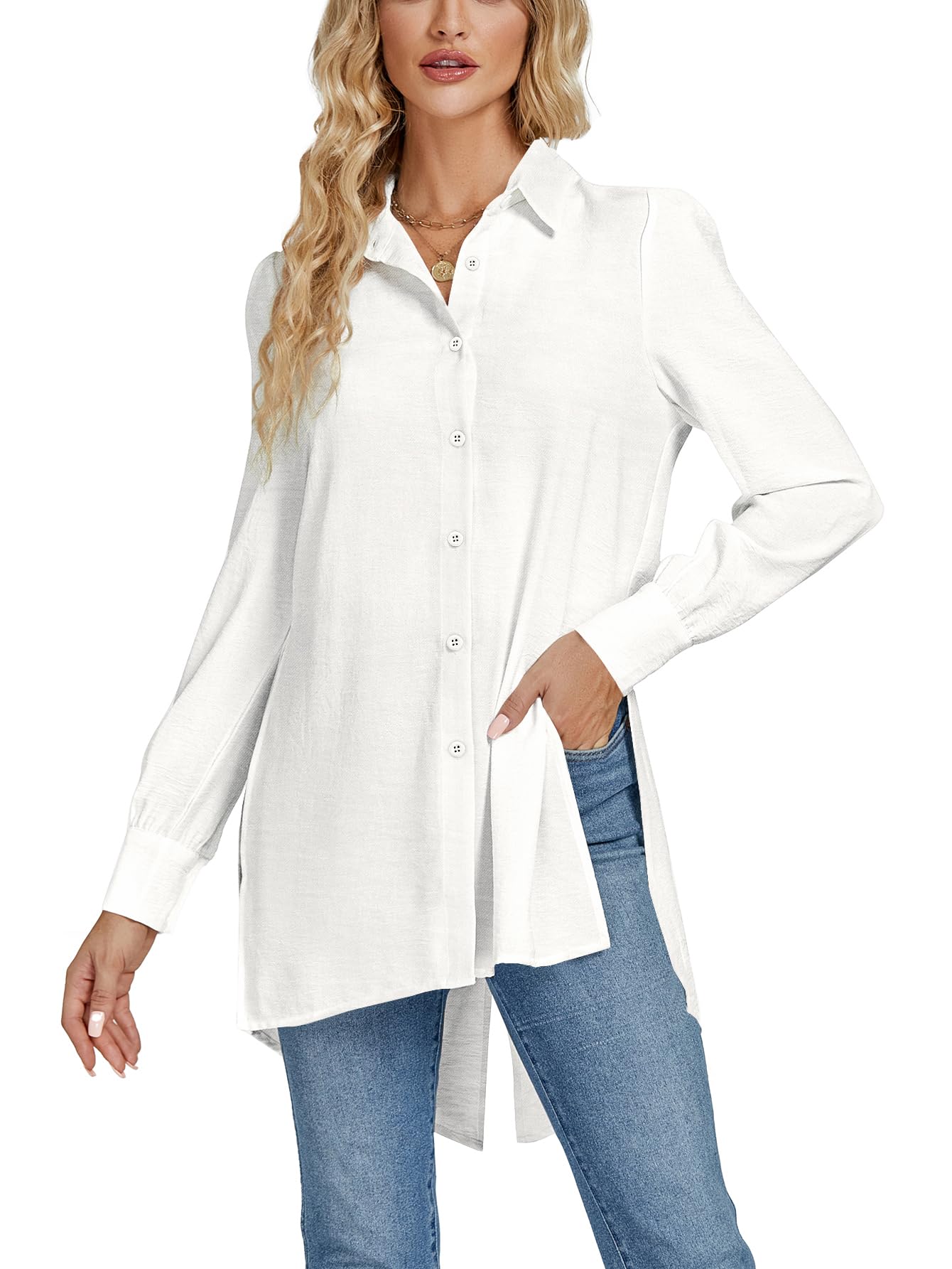 LYANER Women's V-neck Fashion Slit Hem Button-up Long-sleeved Shirt White Dress Top  Fashionable and Elegant Style