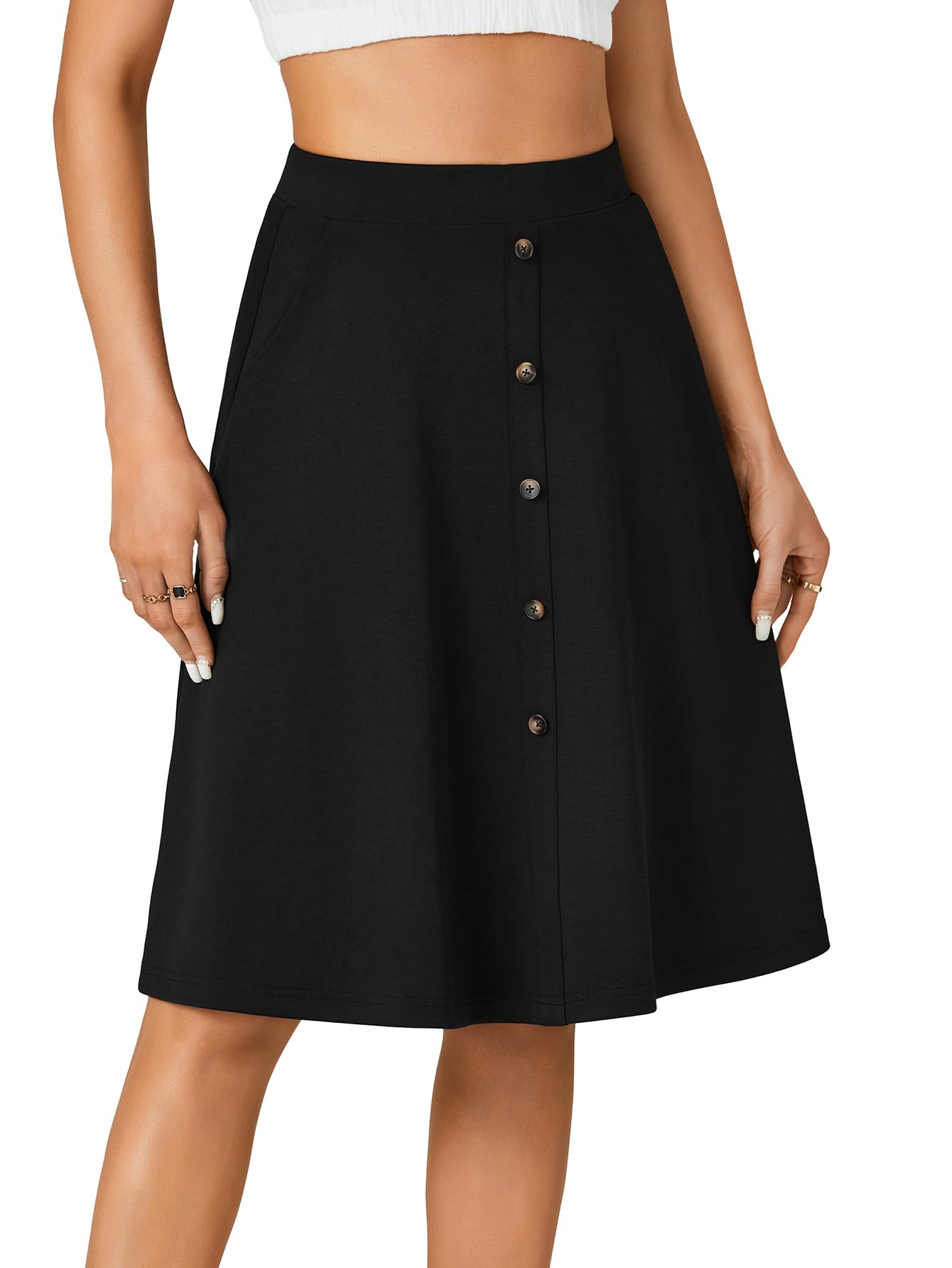 LYANER  Women's Knee Length Casual Skirt Stretchy Button High Waist A-Line Flared Vintage Midi Skirts with Pocket
