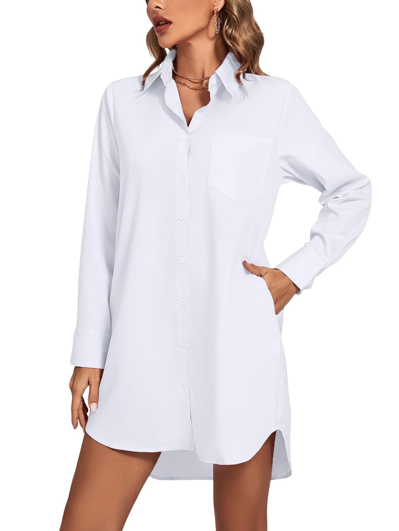 LYANER Women's Fashion Stand-up Collar V-neck Button-up Long-sleeved Curved Hem Shirt Dress  Sexy Form-fitting Summer Clothing with Pockets  Pure