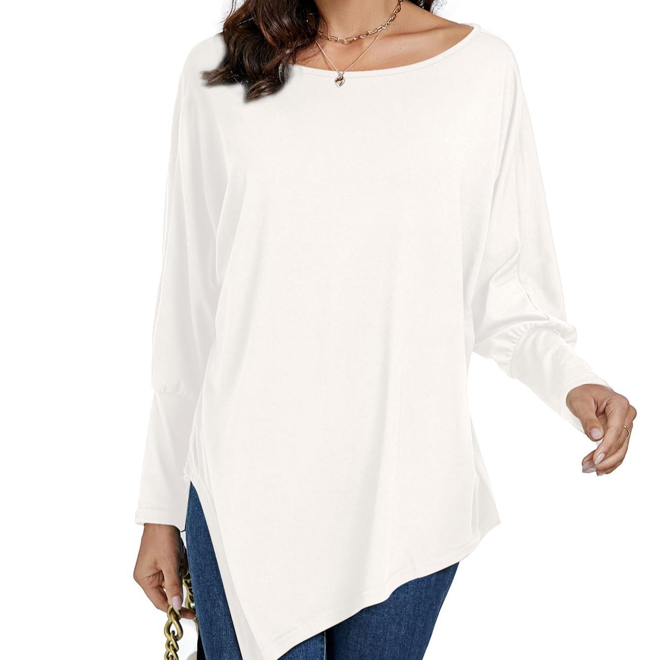LYANER Women's Boat Neck Asymmetrical Hem Batwing Sleeve Long Sleeve Slit Loose Summer Dress Top Fashionable and Elegant