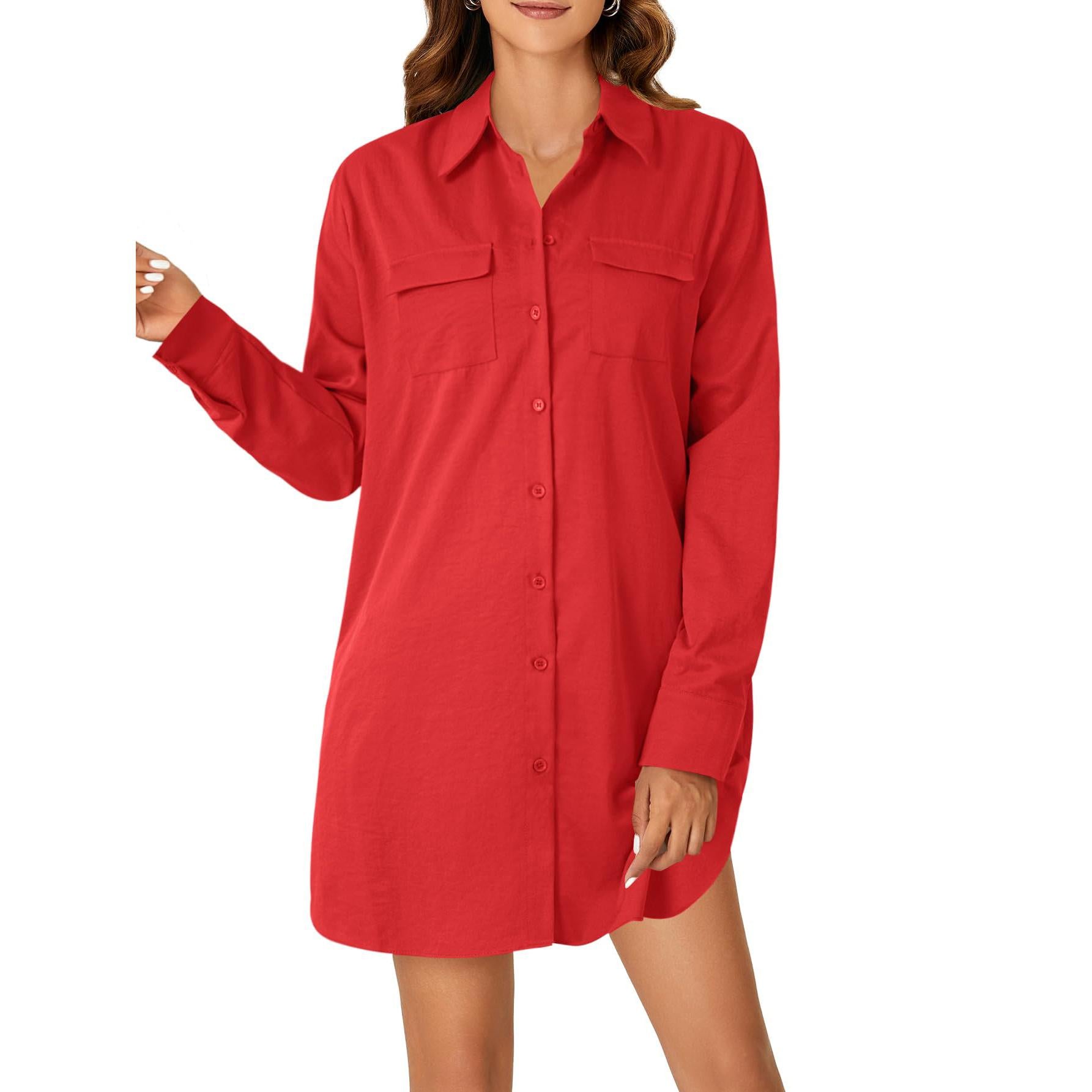 LYANER Women's Button Down Shirt Dresses Collared V Neck Long Sleeve Slit Mini Dress elegantoutfits