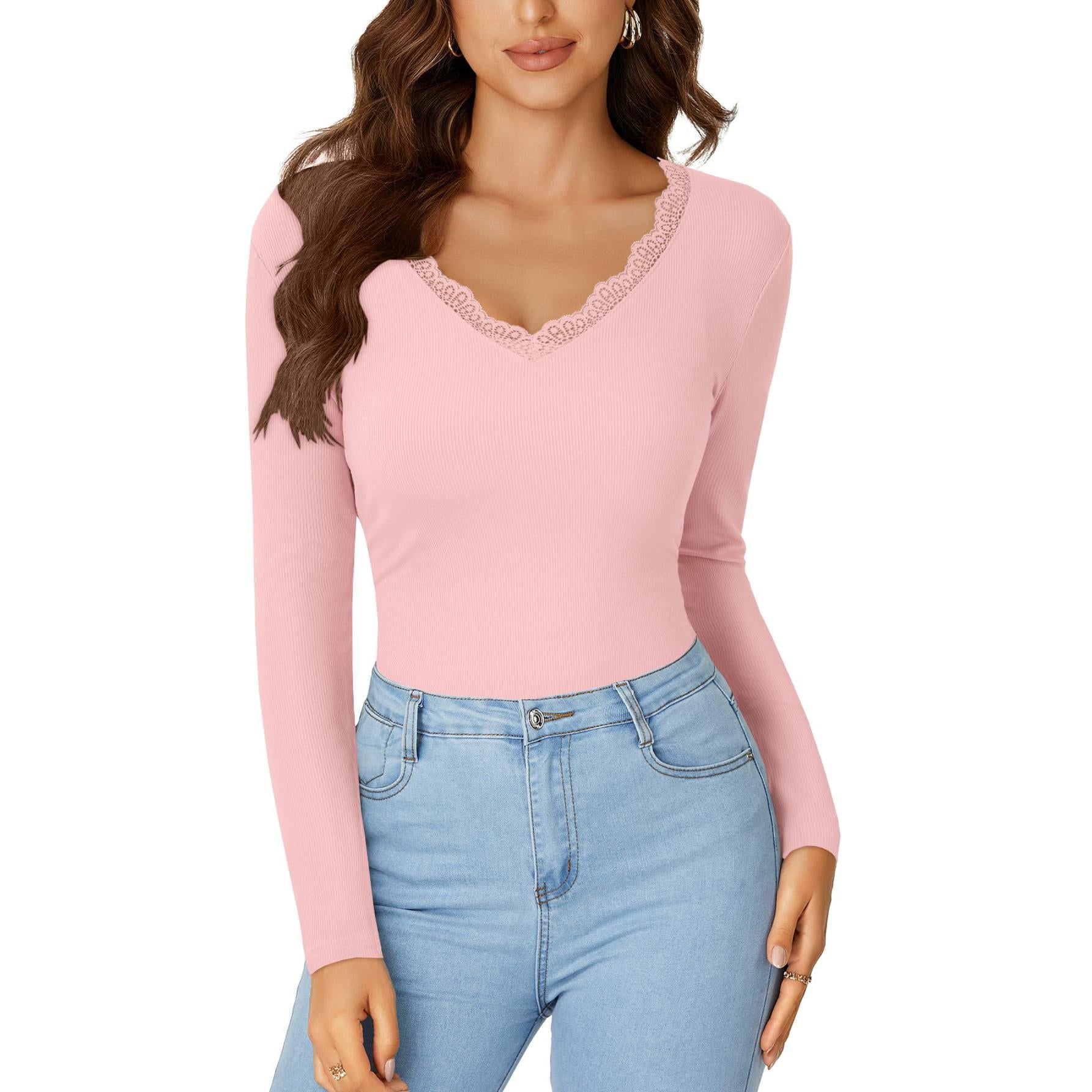 LYANER Women's Long-Sleeved Shirt Fashionable Lace V-Neck Basic Casual Ribbed Knit Top Fashionable and Cute Clothing