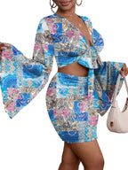 LYANER Women's Two-Piece Set with Tie-Front Slit Long-Sleeved Cropped Top and Mini Skirt Set in Blue Girly Style Clothing