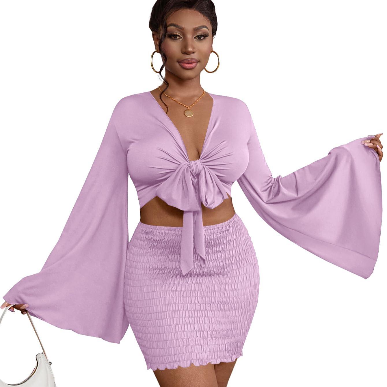 LYANER Women's Two-Piece Set with Tie-Front Slit Long-Sleeved Cropped Top and Mini Skirt Set in Light Green Girly Style Clothing