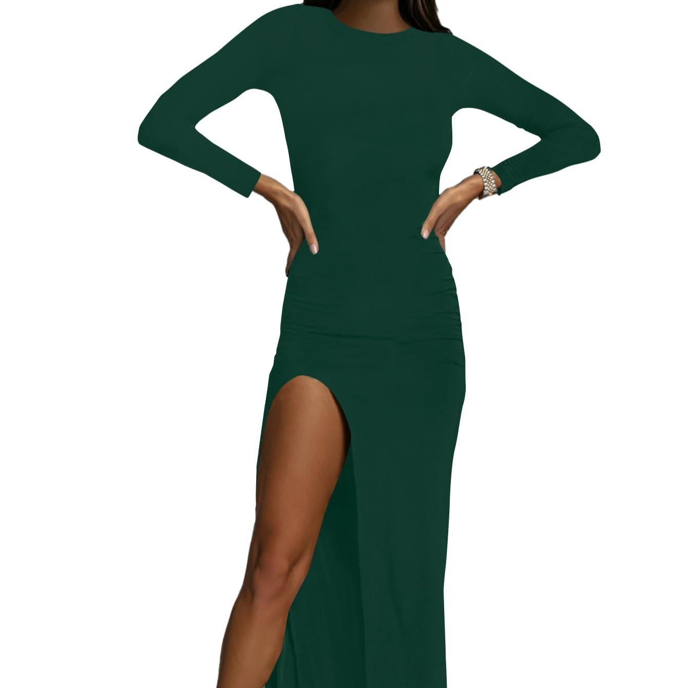LYANER Women's High-Neck Long-Sleeve Split Hem Layered Hemline Cocktail Long Dress Summer Slim-Fit Fashionable Pure Black Long Dress