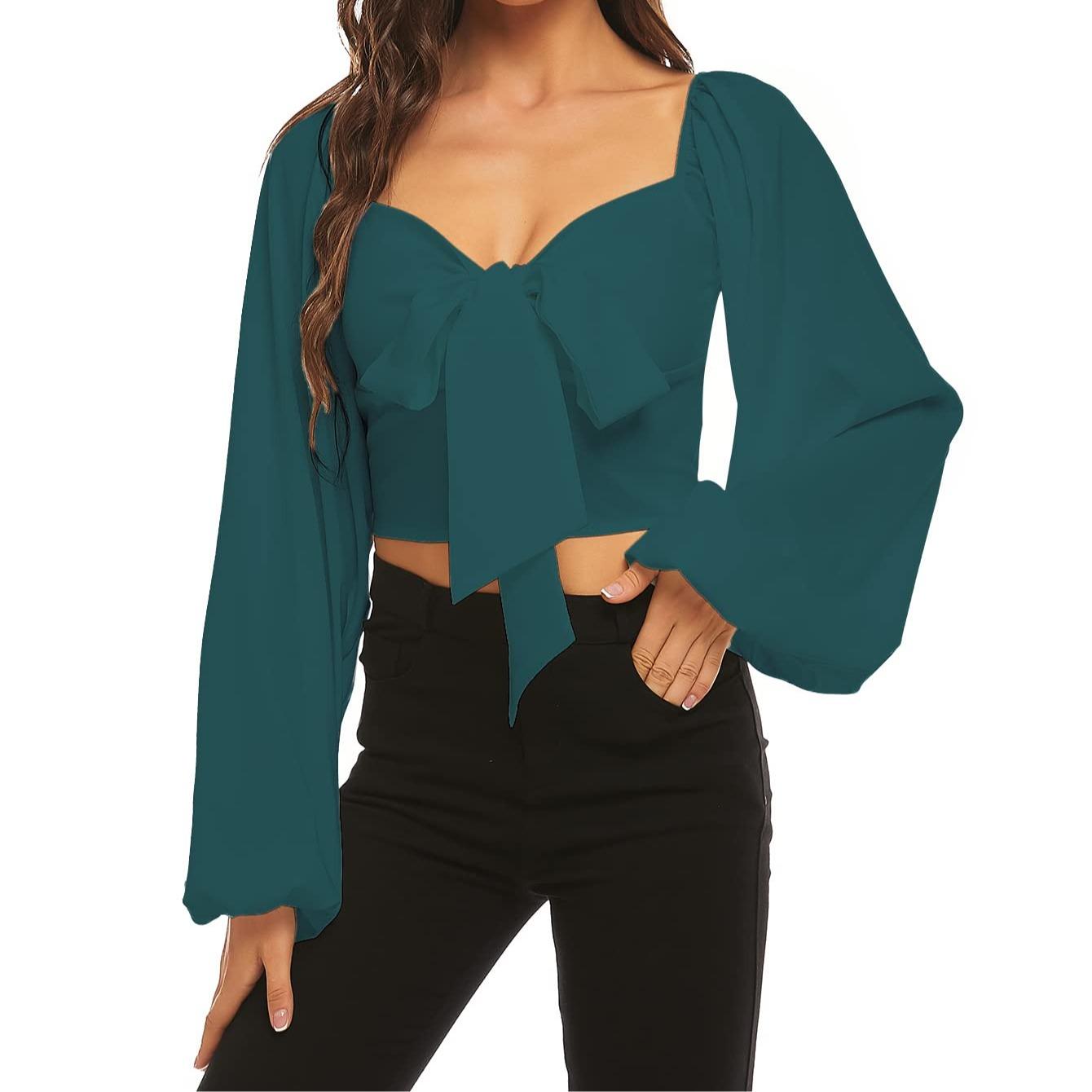 LYANER Women's Tie-Front Pleated Back Lantern Sleeve Short-Sleeve Shirt T-Shirt Summer Fashion