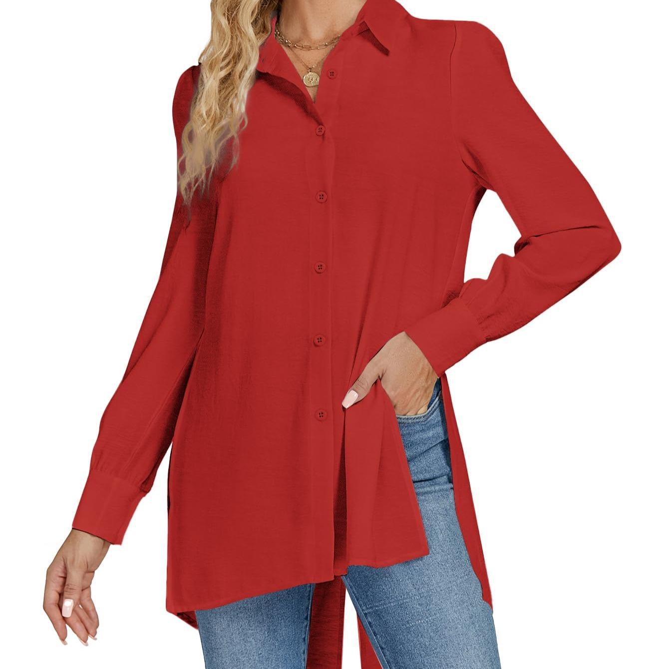 LYANER Women's V-neck Fashion Slit Hem Button-up Long-sleeved Shirt White Dress Top  Fashionable and Elegant Style