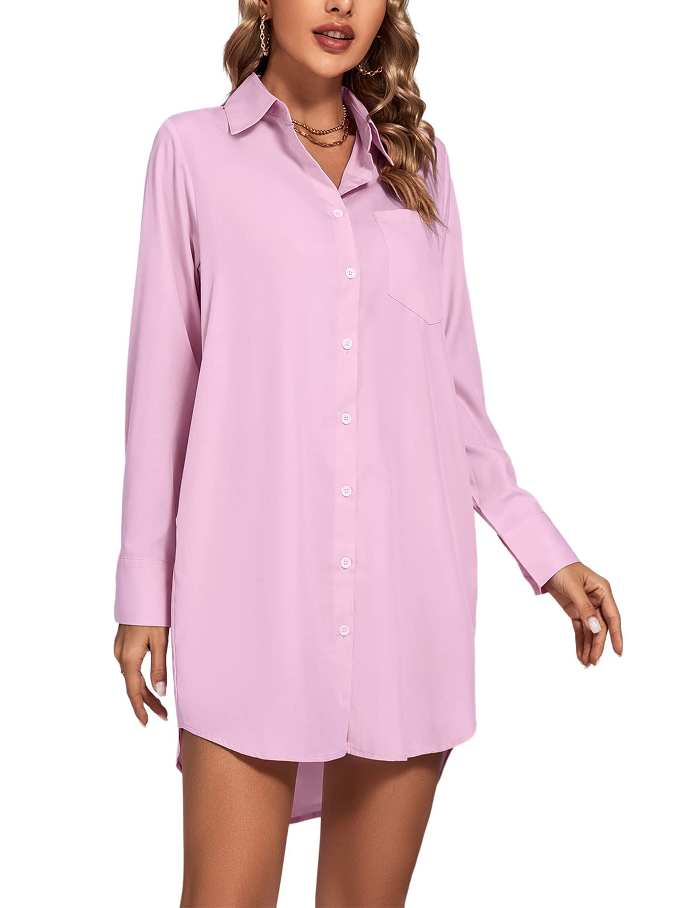 LYANER Women's Collar V Neck Button Down Long Sleeve Cruved Hem Shirt Dress Boyfriend with Pockets