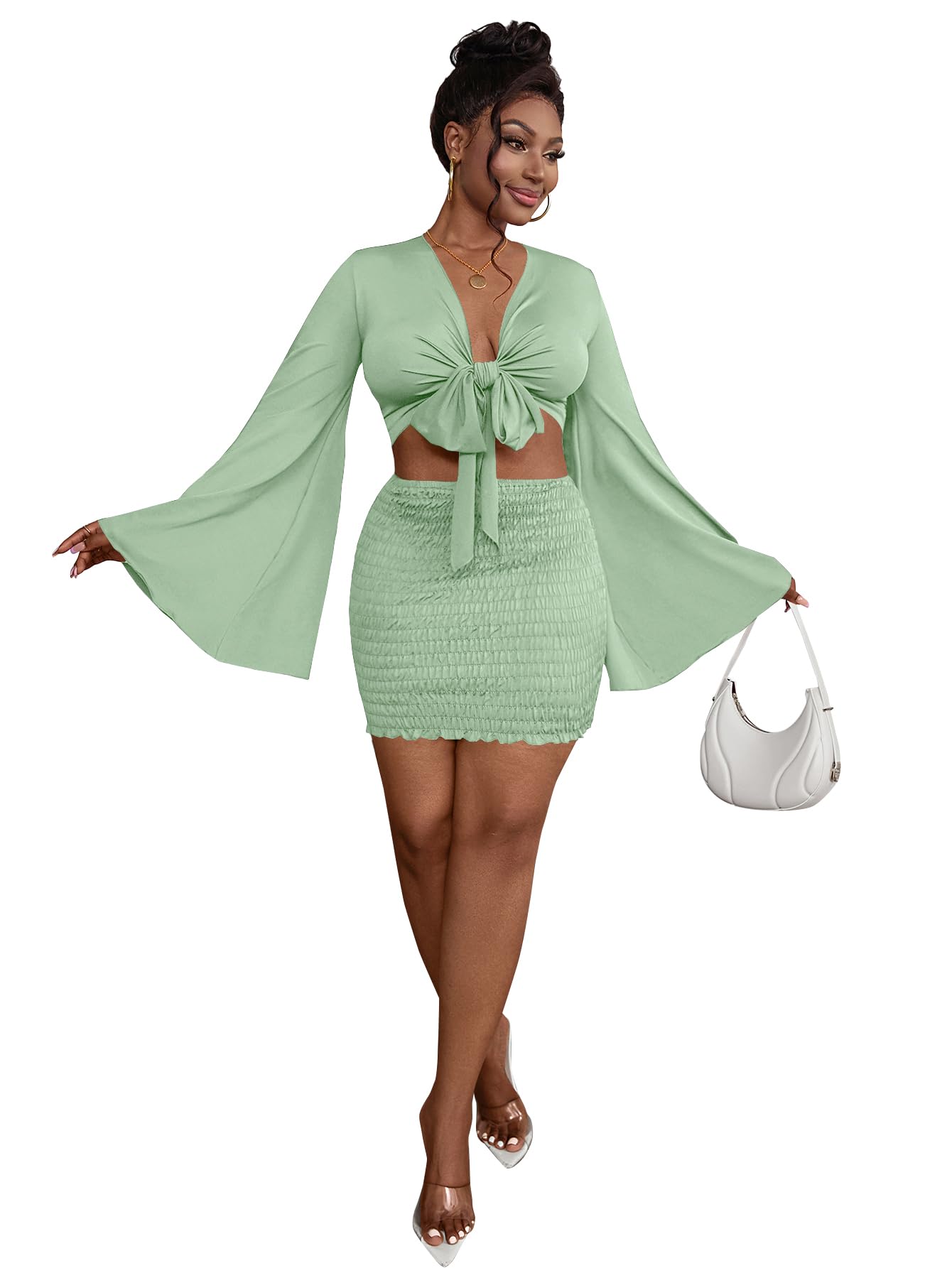LYANER Women's Two-Piece Set with Tie-Front Slit Long-Sleeved Cropped Top and Mini Skirt Set in Light Green Girly Style Clothing