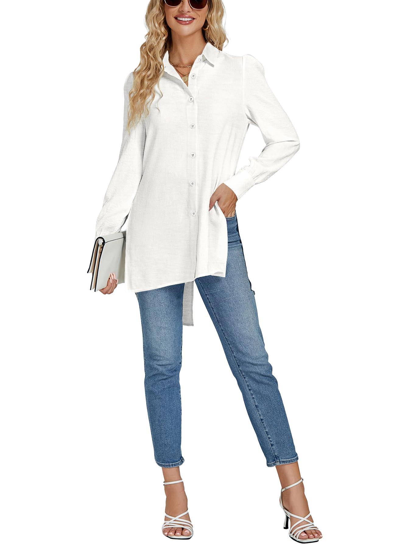 LYANER Women's V-neck Fashion Slit Hem Button-up Long-sleeved Shirt White Dress Top  Fashionable and Elegant Style