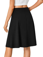 LYANER  Women's Knee Length Casual Skirt Stretchy Button High Waist A-Line Flared Vintage Midi Skirts with Pocket