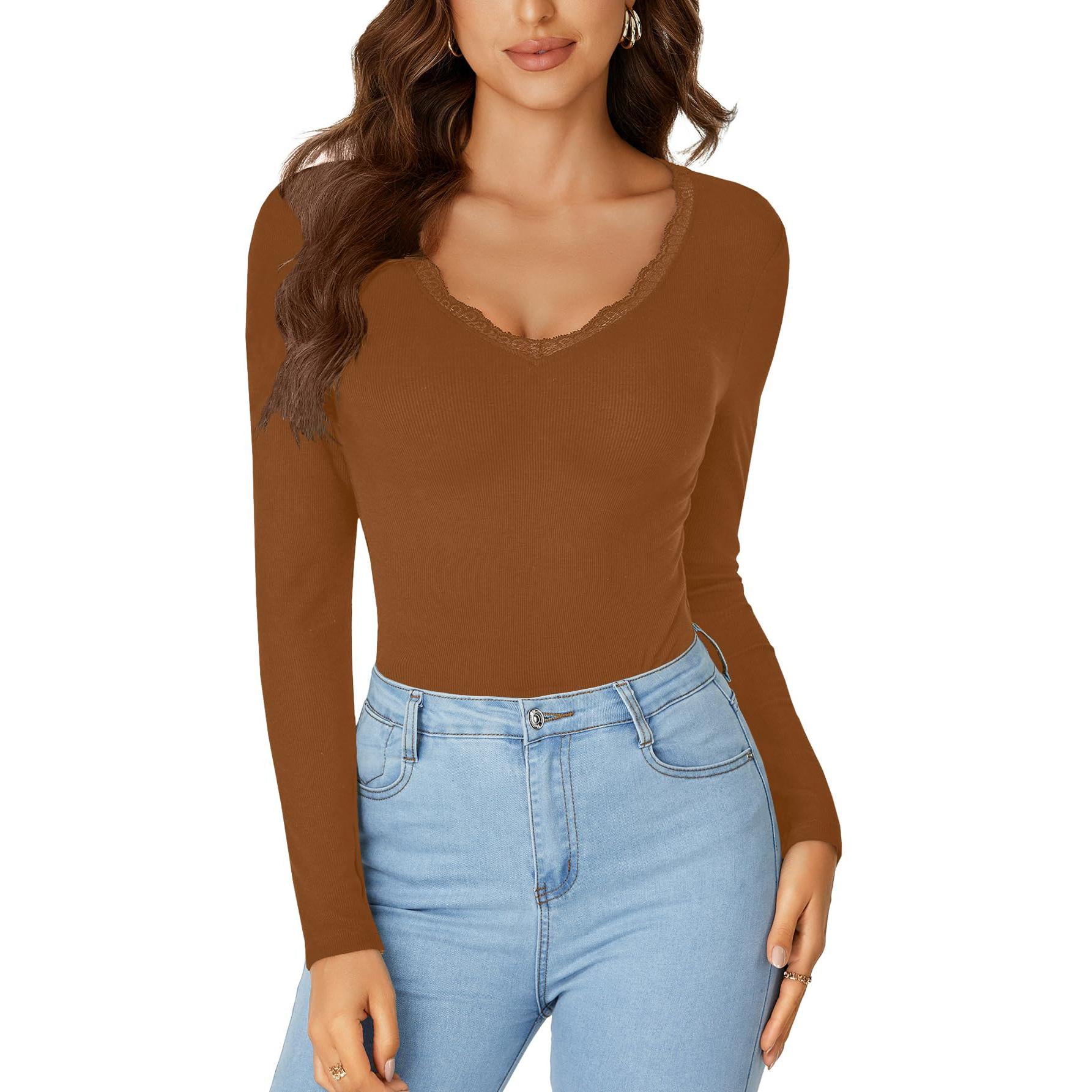 LYANER Women's Long-Sleeved Shirt Fashionable Lace V-Neck Basic Casual Ribbed Knit Top Fashionable and Cute Clothing