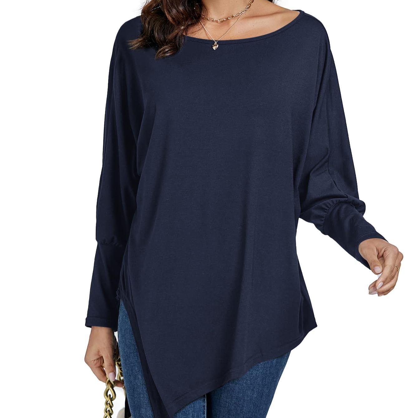 LYANER Women's Boat Neck Asymmetrical Hem Batwing Sleeve Long Sleeve Slit Loose Summer Dress Top Fashionable and Elegant