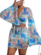 LYANER Women's Two-Piece Set with Tie-Front Slit Long-Sleeved Cropped Top and Mini Skirt Set in Blue Girly Style Clothing