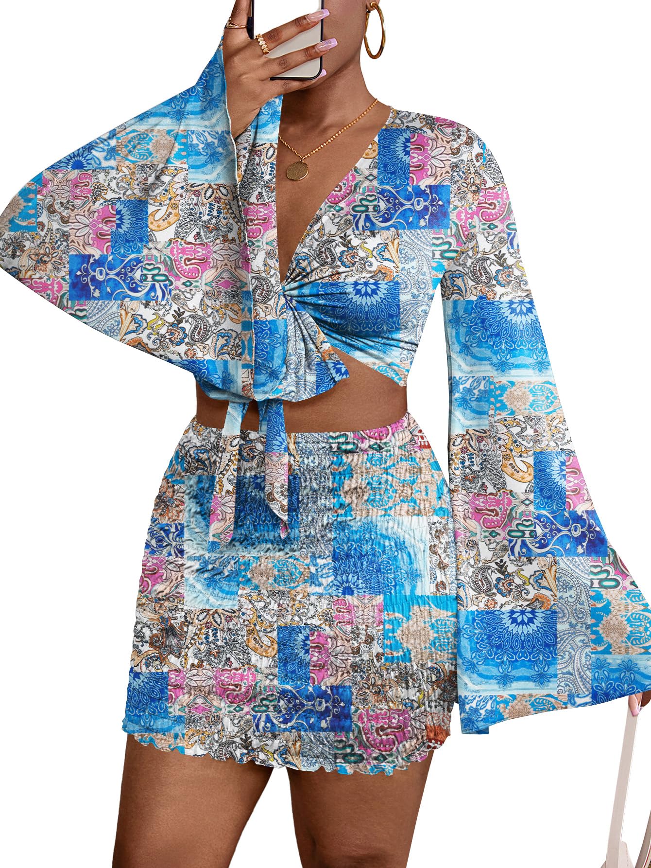 LYANER Women's Two-Piece Set with Tie-Front Slit Long-Sleeved Cropped Top and Mini Skirt Set in Blue Girly Style Clothing