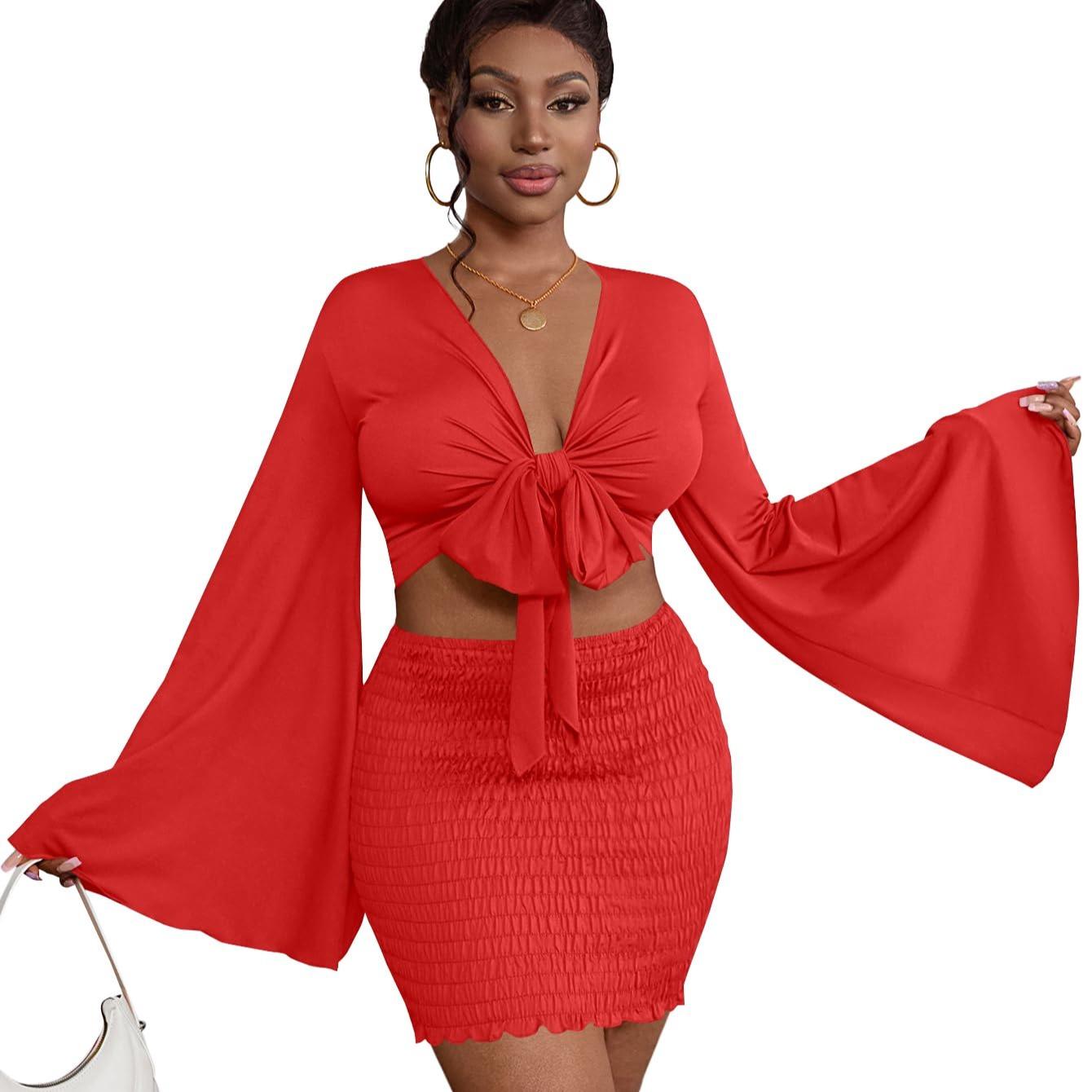 LYANER Women's Two-Piece Set with Tie-Front Slit Long-Sleeved Cropped Top and Mini Skirt Set in Light Green Girly Style Clothing