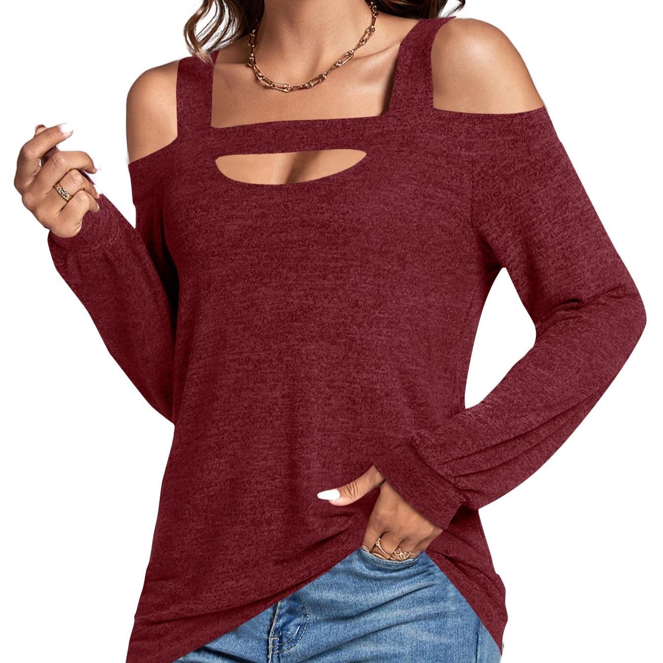 LYANER Women's Fashionable Casual Off-the-Shoulder Openwork Solid Color Long-Sleeved Shirt New Summer Slim-Fit Women's Top