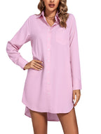 LYANER Women's Collar V Neck Button Down Long Sleeve Cruved Hem Shirt Dress Boyfriend with Pockets