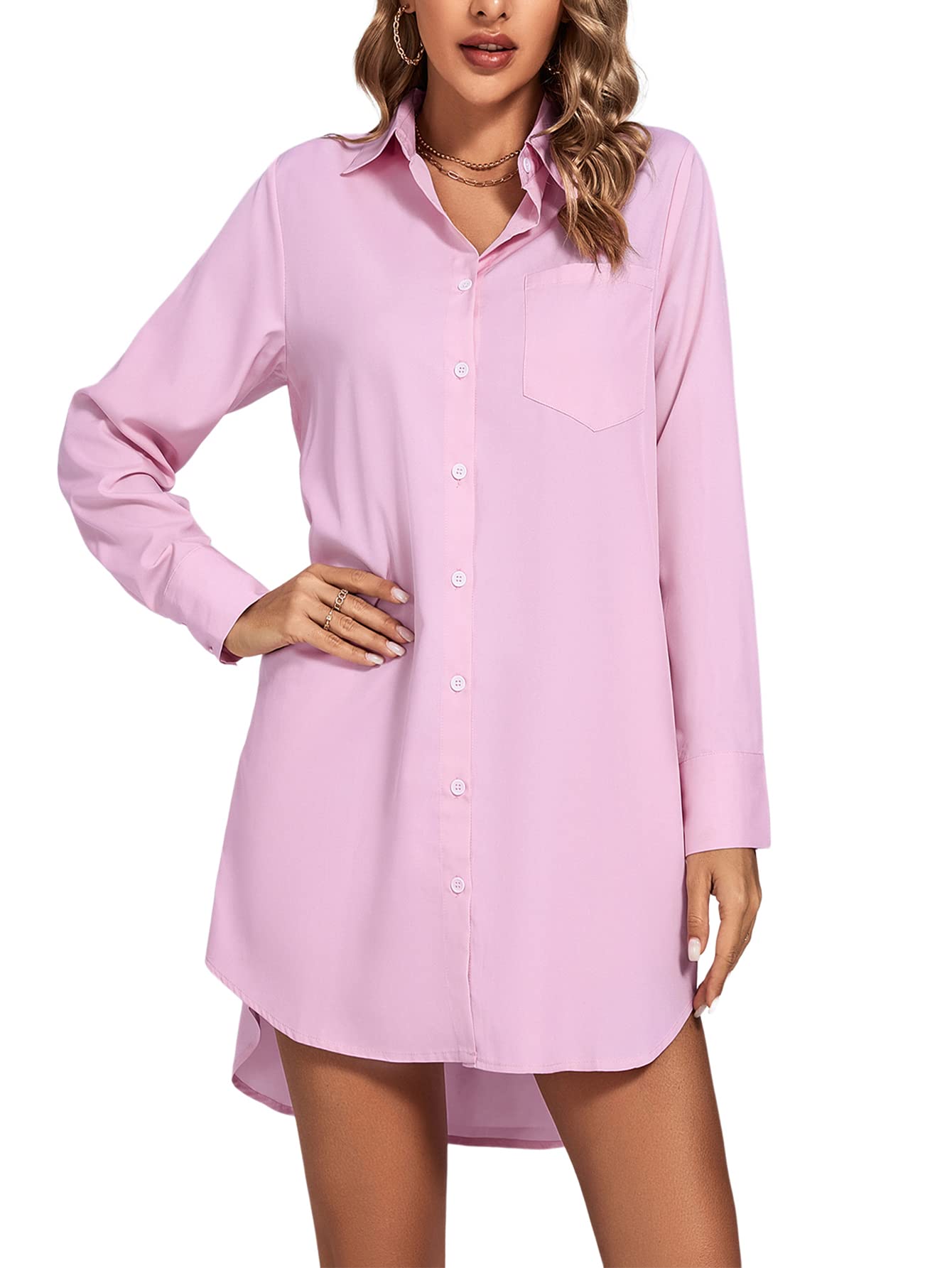 LYANER Women's Collar V Neck Button Down Long Sleeve Cruved Hem Shirt Dress Boyfriend with Pockets