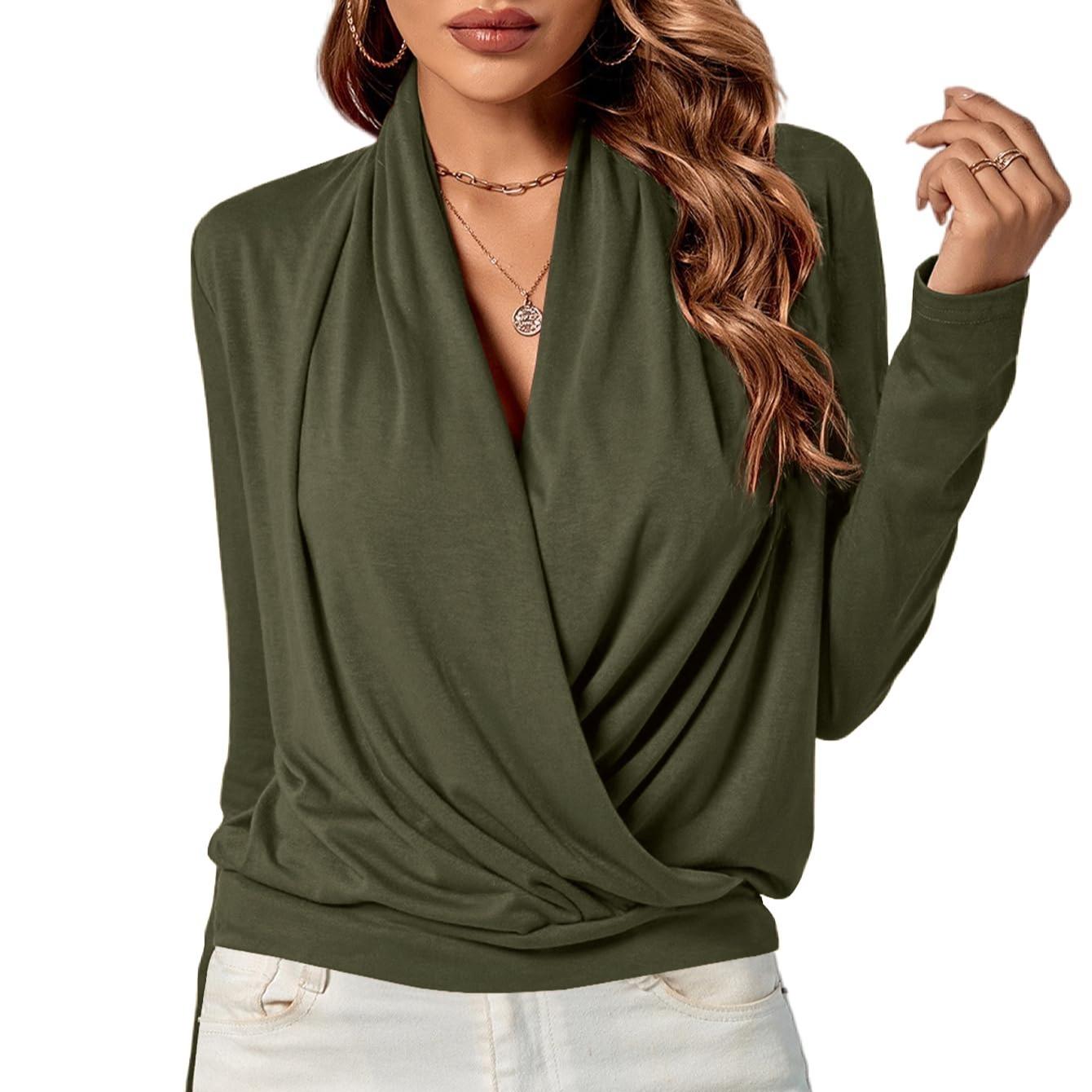 LYANER Women's Casual V-neck Cross-over Long Sleeve Summer New Style Fashion Solid Color Women's Shirt Top