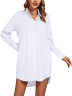 LYANER Women's Fashion Stand-up Collar V-neck Button-up Long-sleeved Curved Hem Shirt Dress  Sexy Form-fitting Summer Clothing with Pockets  Pure