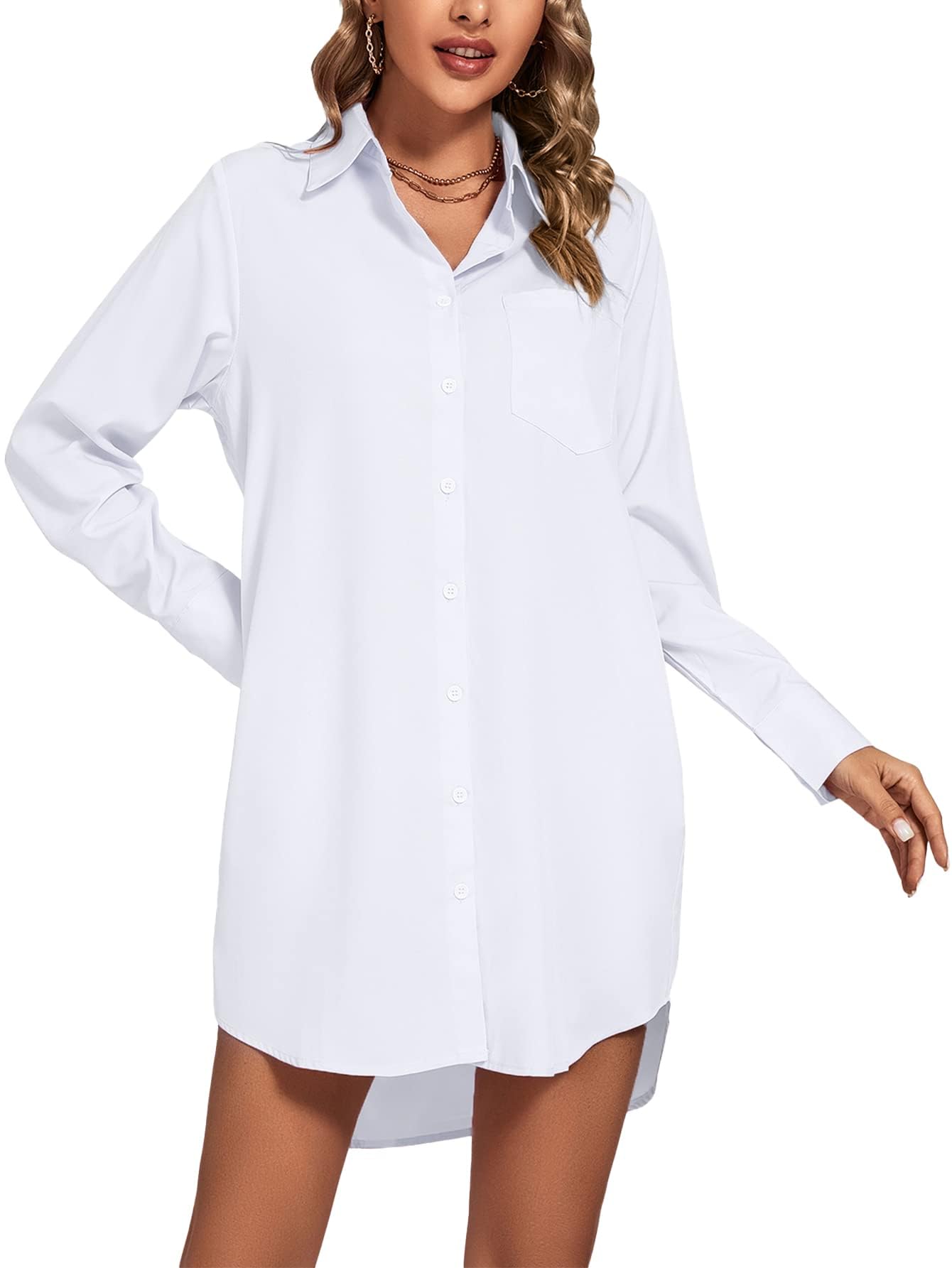 LYANER Women's Fashion Stand-up Collar V-neck Button-up Long-sleeved Curved Hem Shirt Dress  Sexy Form-fitting Summer Clothing with Pockets  Pure