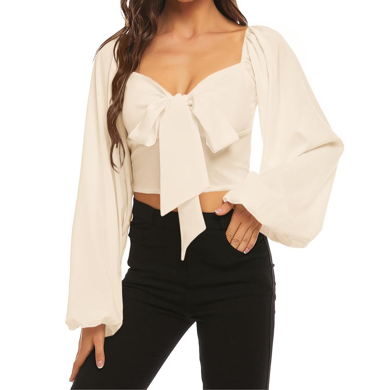 LYANER Women's Tie-Front Pleated Back Lantern Sleeve Short-Sleeve Shirt T-Shirt Summer Fashion