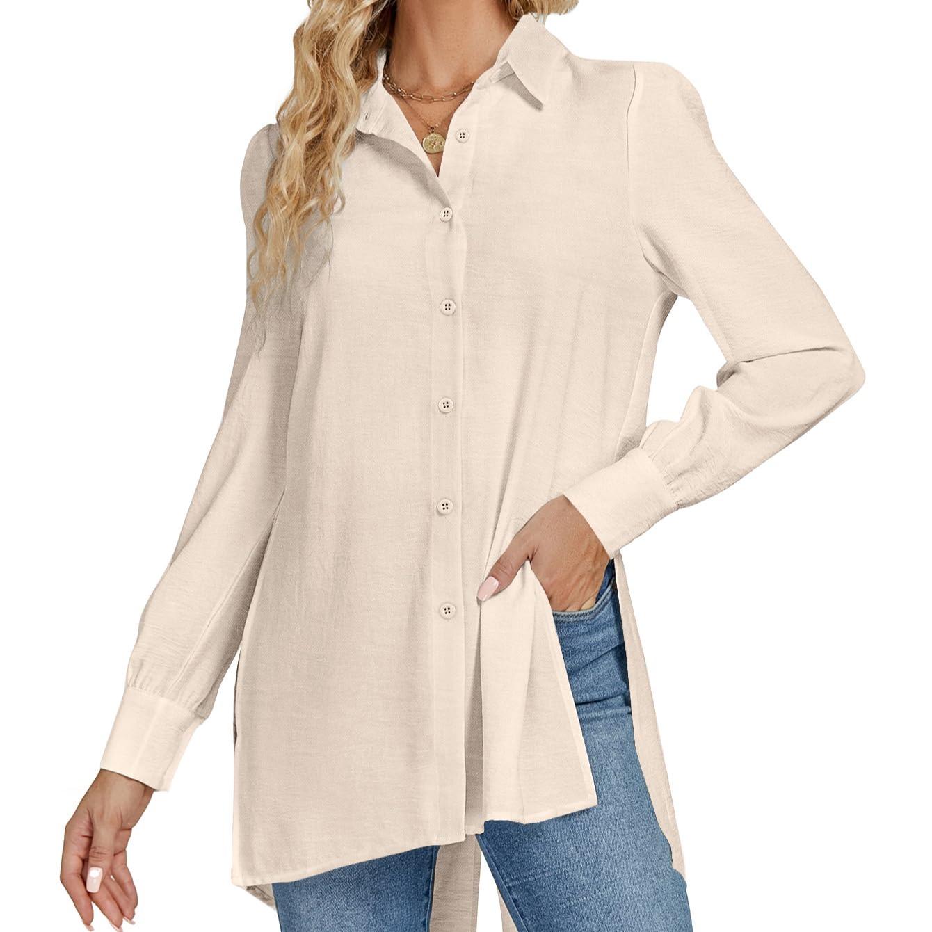 LYANER Women's V-neck Fashion Slit Hem Button-up Long-sleeved Shirt White Dress Top  Fashionable and Elegant Style