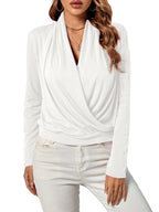 LYANER Women's Casual V-neck Cross-over Long Sleeve Summer New Style Fashion Solid Color Women's Shirt Top