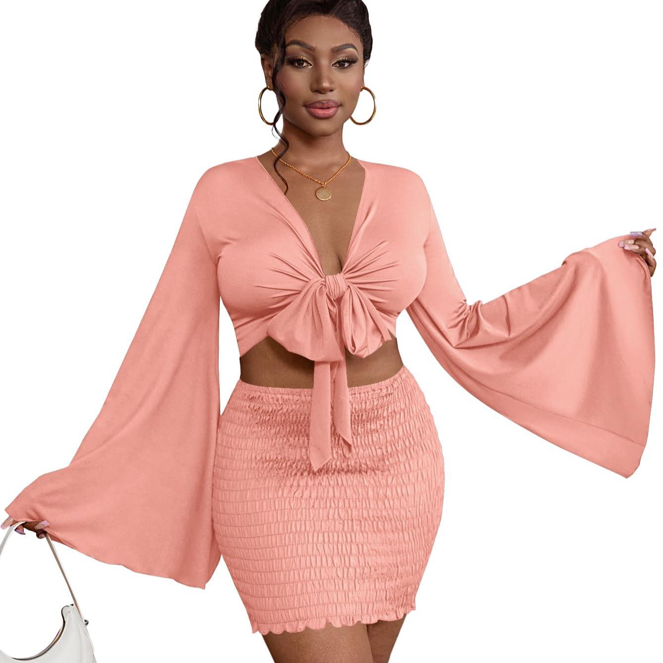 LYANER Women's Two-Piece Set with Tie-Front Slit Long-Sleeved Cropped Top and Mini Skirt Set in Light Green Girly Style Clothing