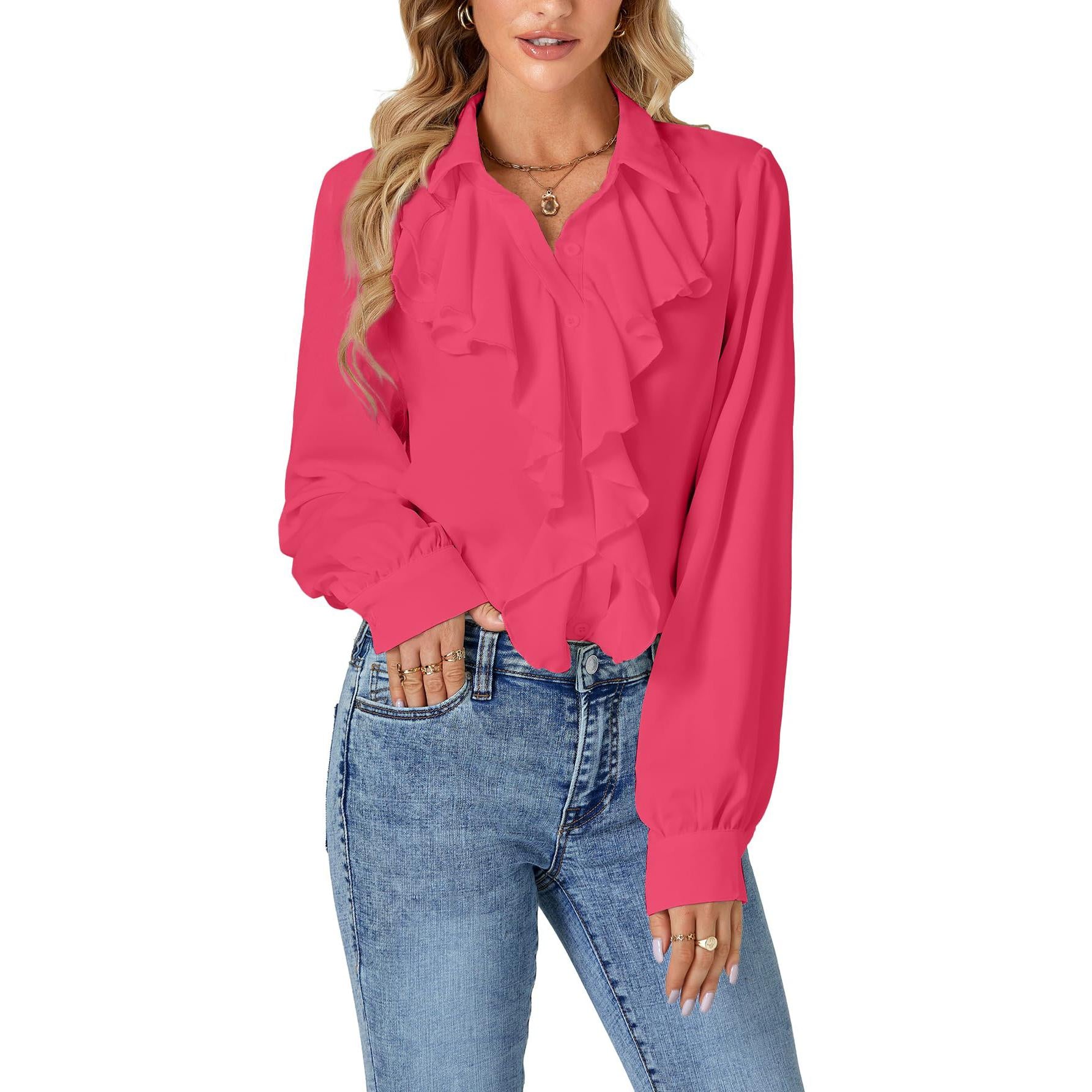 LYANER Women's Dressy Ruffle Blouse Long Sleeve Collar Neck Button Down Victorian Shirt Tops