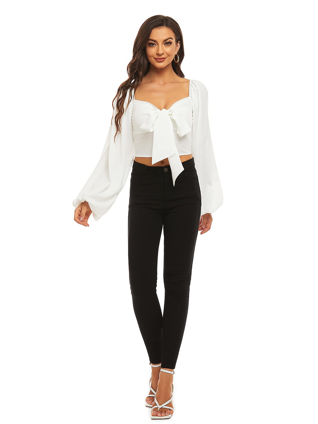 LYANER Women's Tie-Front Pleated Back Lantern Sleeve Short-Sleeve Shirt T-Shirt Summer Fashion