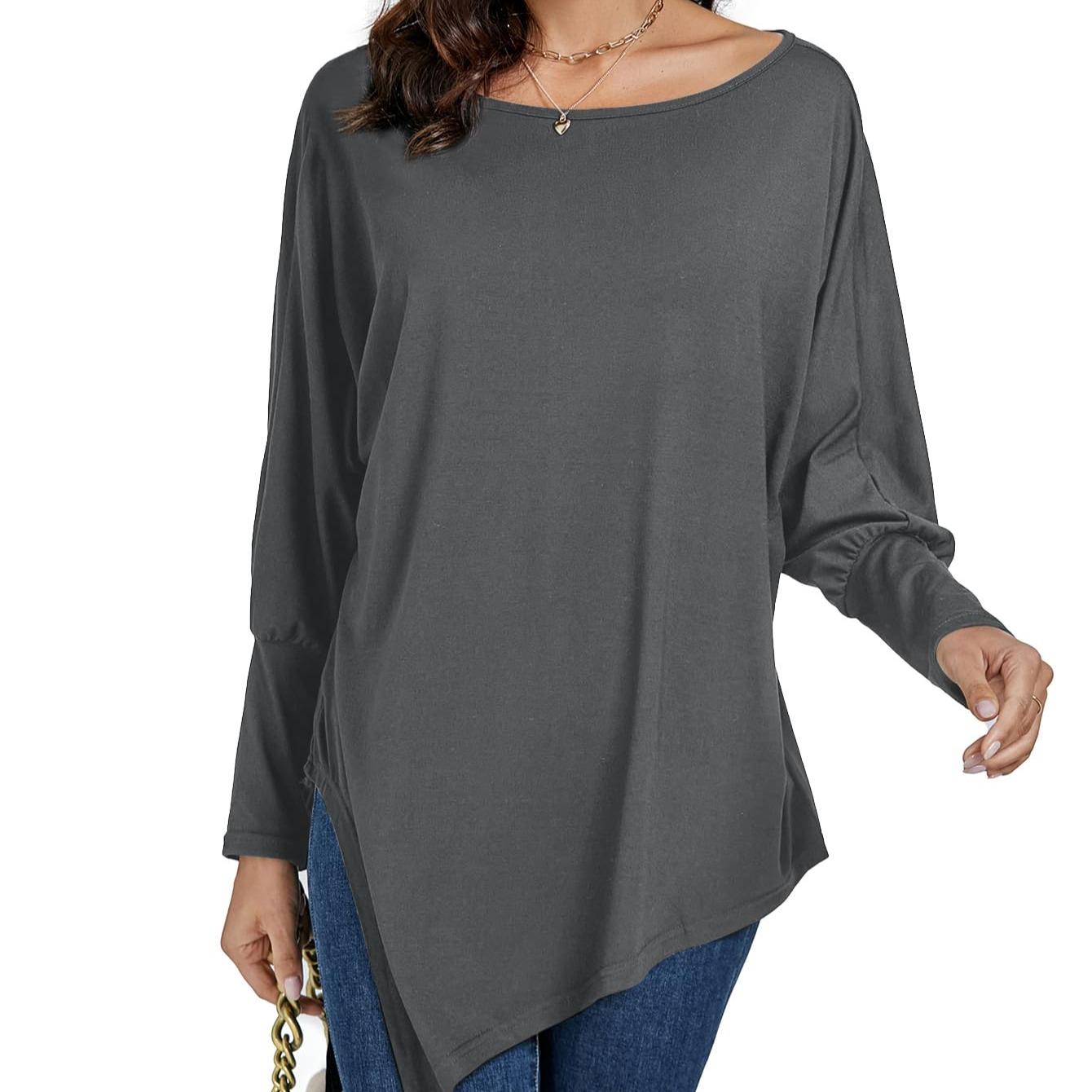 LYANER Women's Boat Neck Asymmetrical Hem Batwing Sleeve Long Sleeve Slit Loose Summer Dress Top Fashionable and Elegant