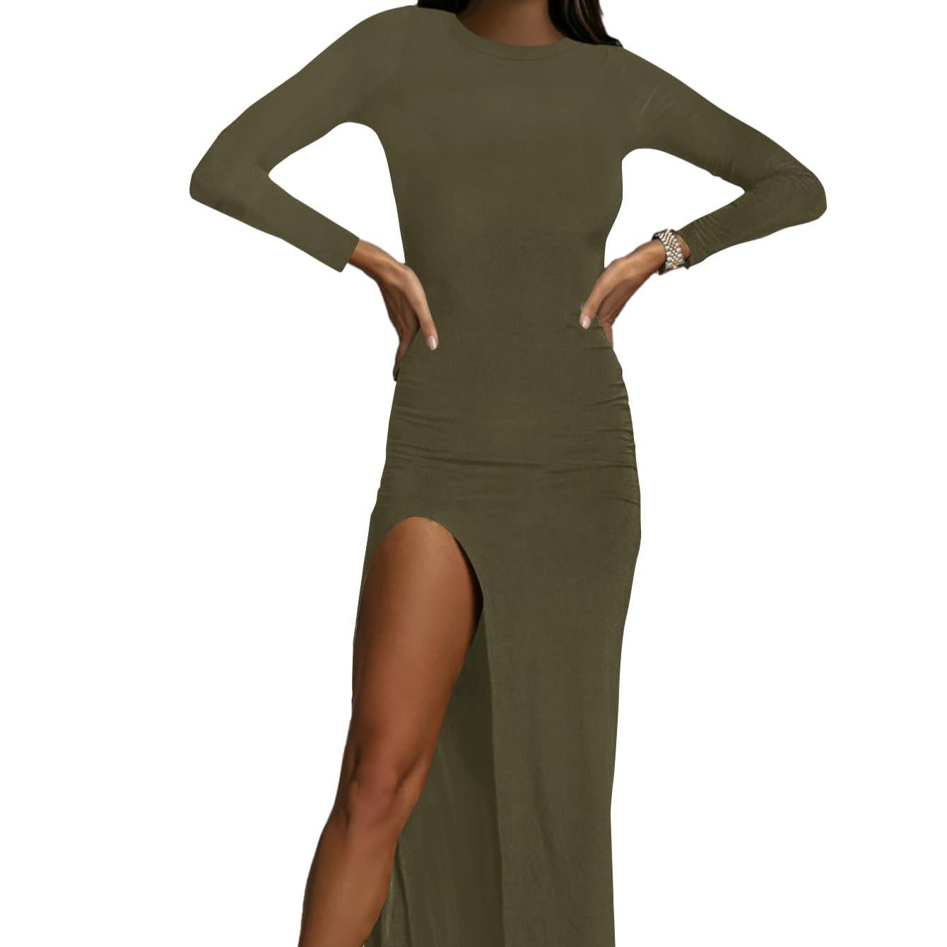 LYANER Women's High-Neck Long-Sleeve Split Hem Layered Hemline Cocktail Long Dress Summer Slim-Fit Fashionable Pure Black Long Dress