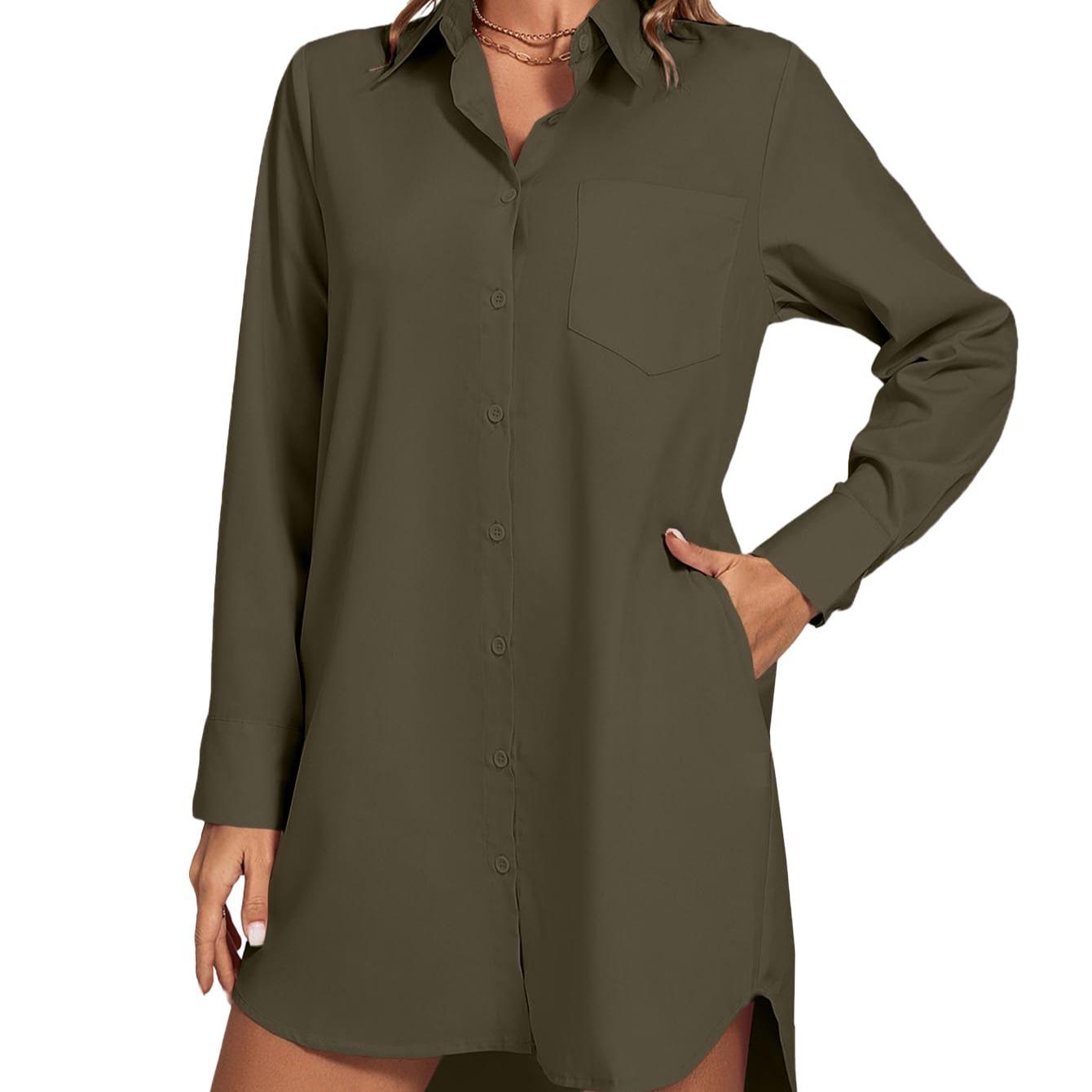 LYANER Women's Fashion Stand-up Collar V-neck Button-up Long-sleeved Curved Hem Shirt Dress  Sexy Form-fitting Summer Clothing with Pockets  Pure