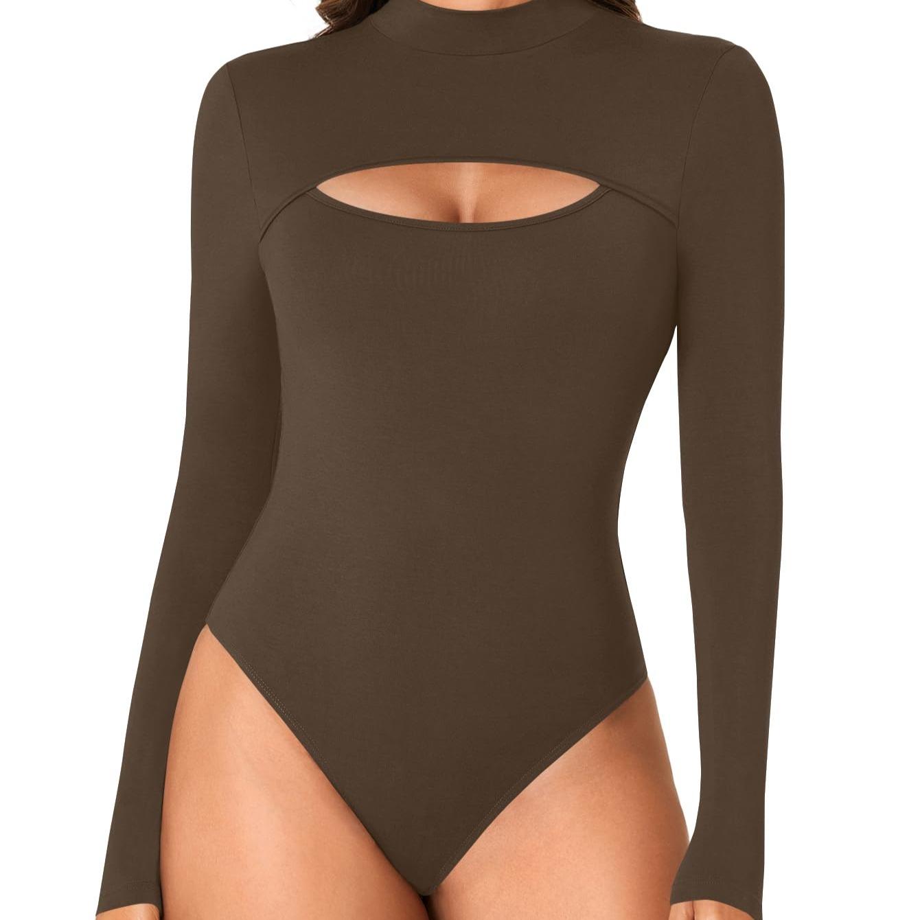 LYANER Women's High Neck Sexy Openwork Front Slit Long Sleeve Form-fitting Jumpsuit Bodysuit Top New Form-fitting Clothing