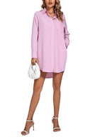 LYANER Women's Collar V Neck Button Down Long Sleeve Cruved Hem Shirt Dress Boyfriend with Pockets