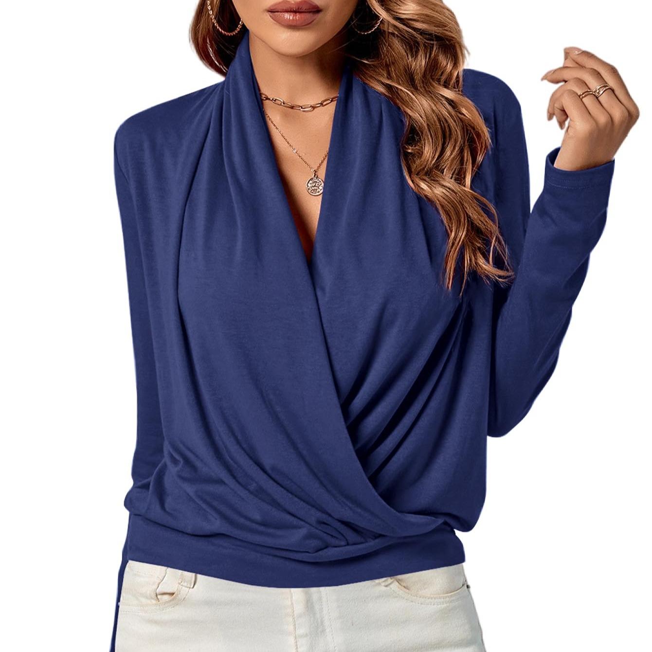 LYANER Women's Casual V-neck Cross-over Long Sleeve Summer New Style Fashion Solid Color Women's Shirt Top