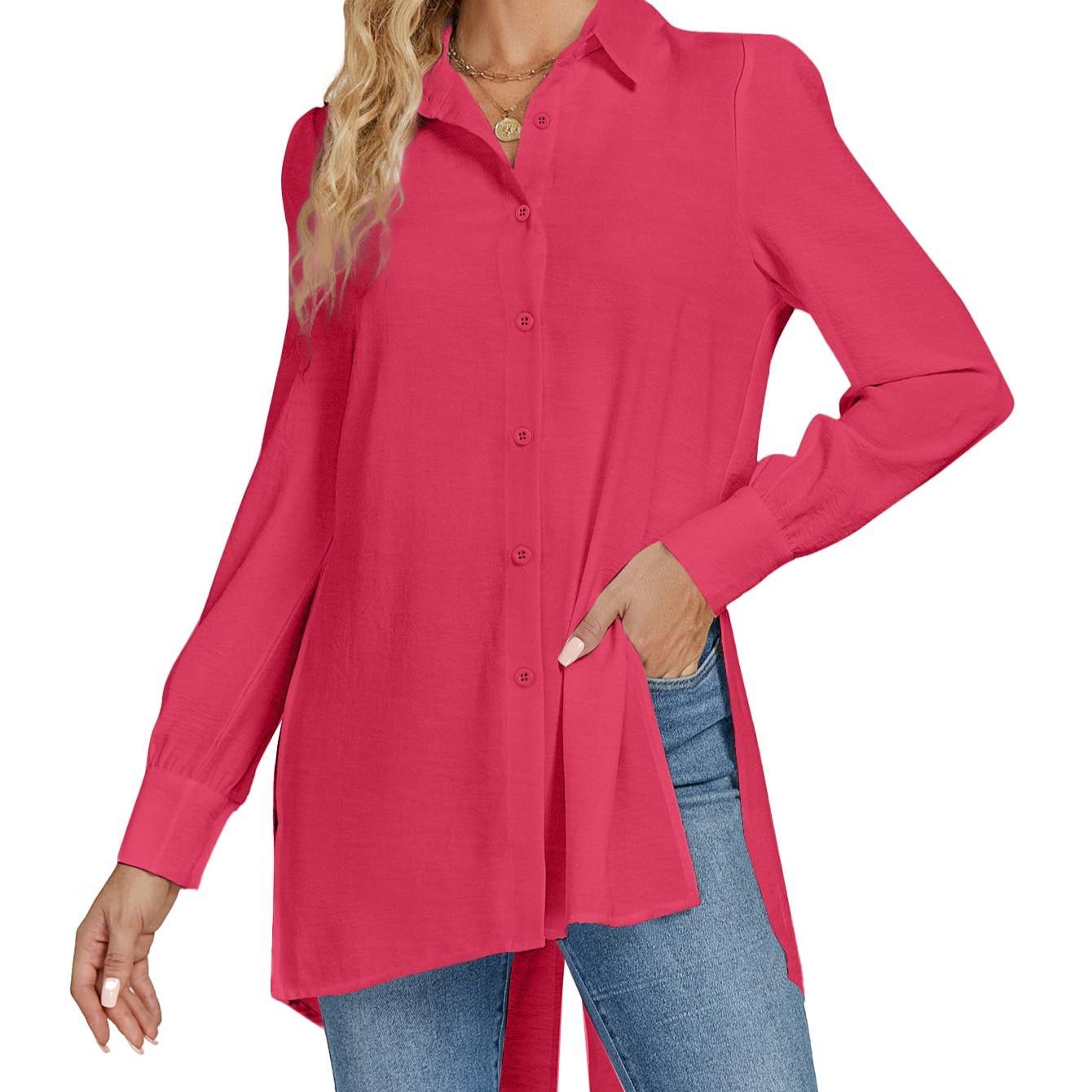 LYANER Women's V-neck Fashion Slit Hem Button-up Long-sleeved Shirt White Dress Top  Fashionable and Elegant Style