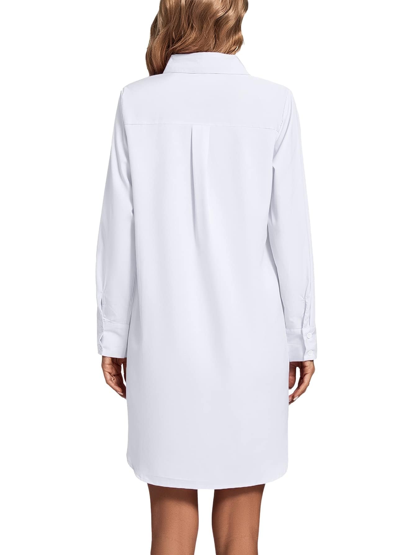LYANER Women's Fashion Stand-up Collar V-neck Button-up Long-sleeved Curved Hem Shirt Dress  Sexy Form-fitting Summer Clothing with Pockets  Pure