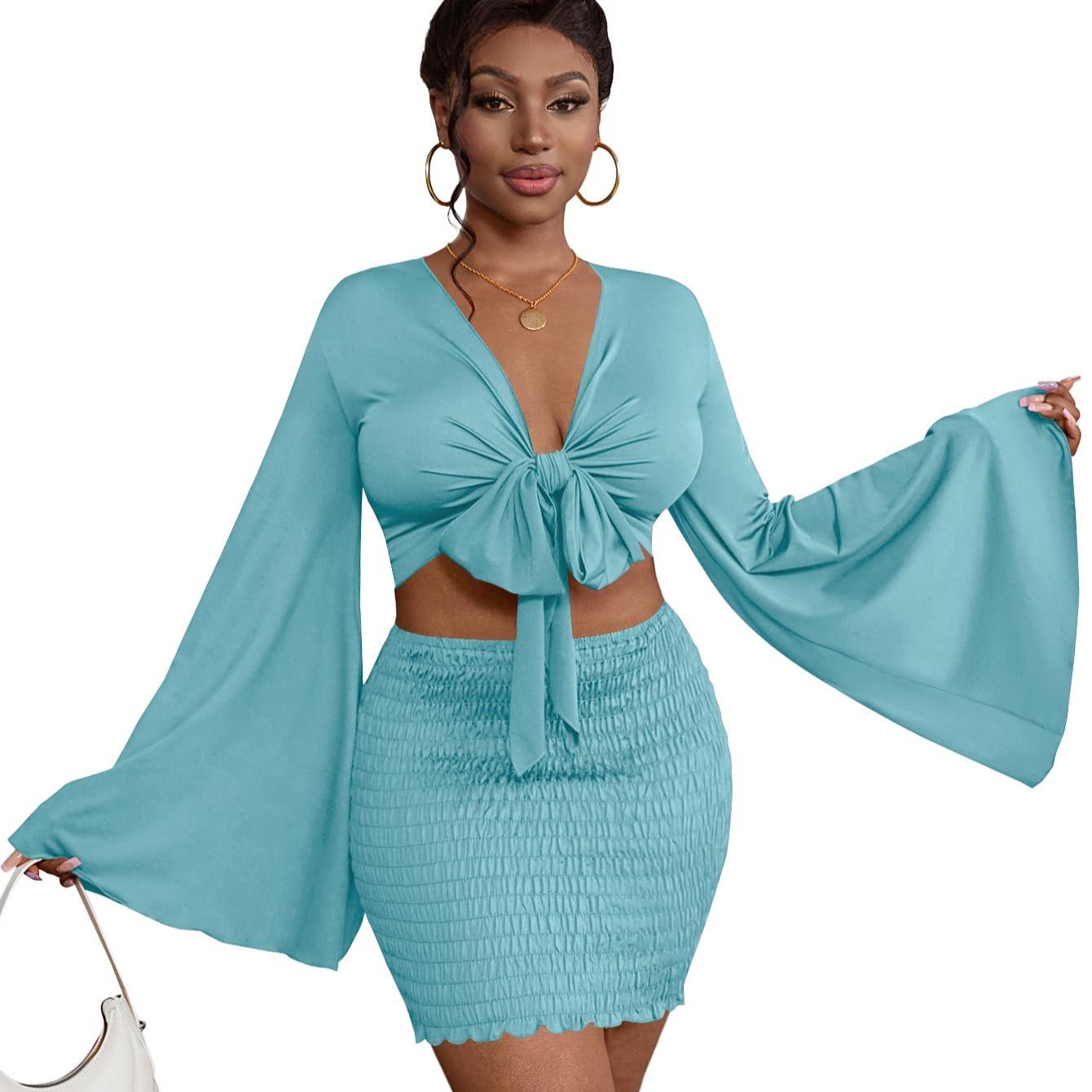 LYANER Women's Two-Piece Set with Tie-Front Slit Long-Sleeved Cropped Top and Mini Skirt Set in Light Green Girly Style Clothing