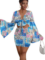 LYANER Women's Two-Piece Set with Tie-Front Slit Long-Sleeved Cropped Top and Mini Skirt Set in Blue Girly Style Clothing
