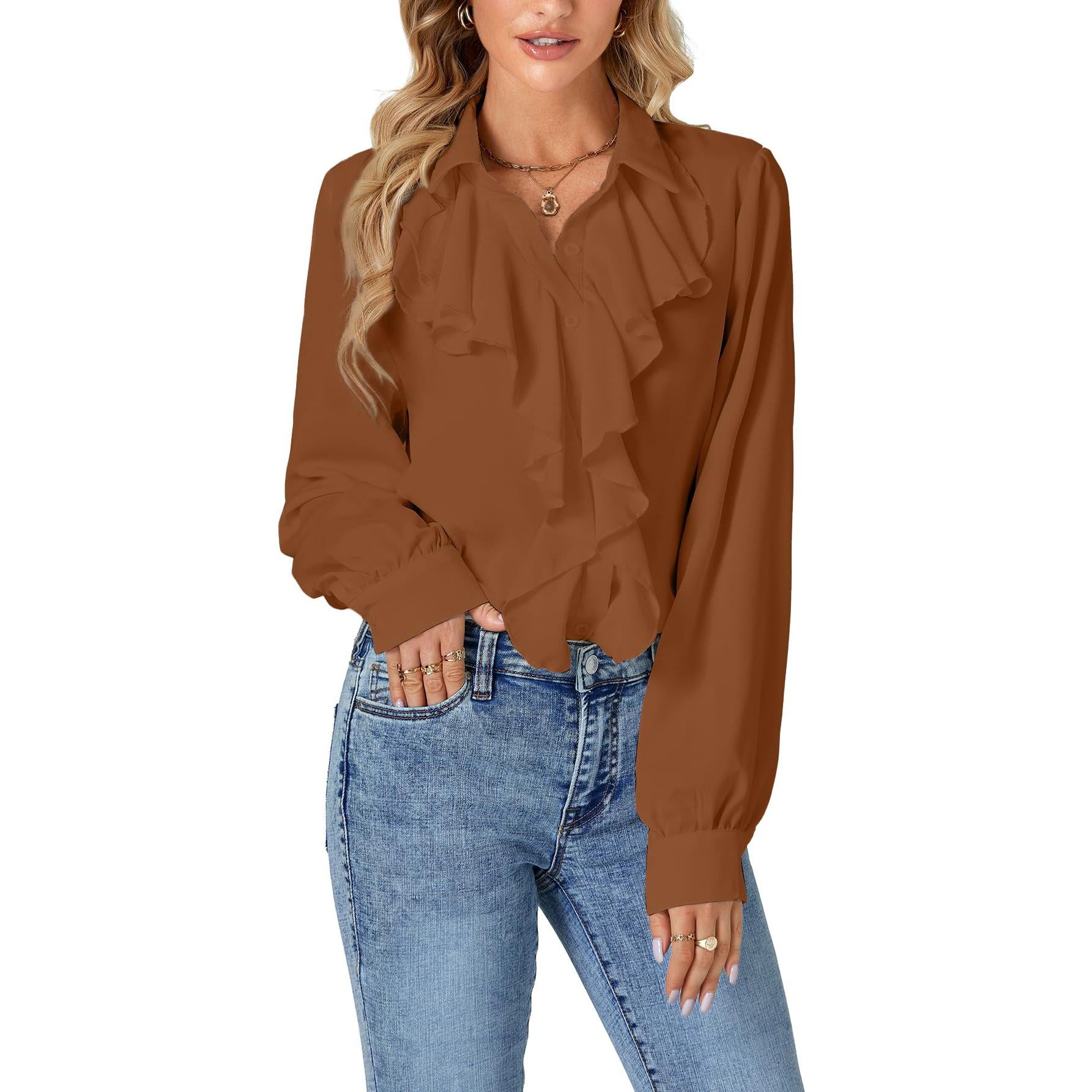 LYANER Women's Dressy Ruffle Blouse Long Sleeve Collar Neck Button Down Victorian Shirt Tops